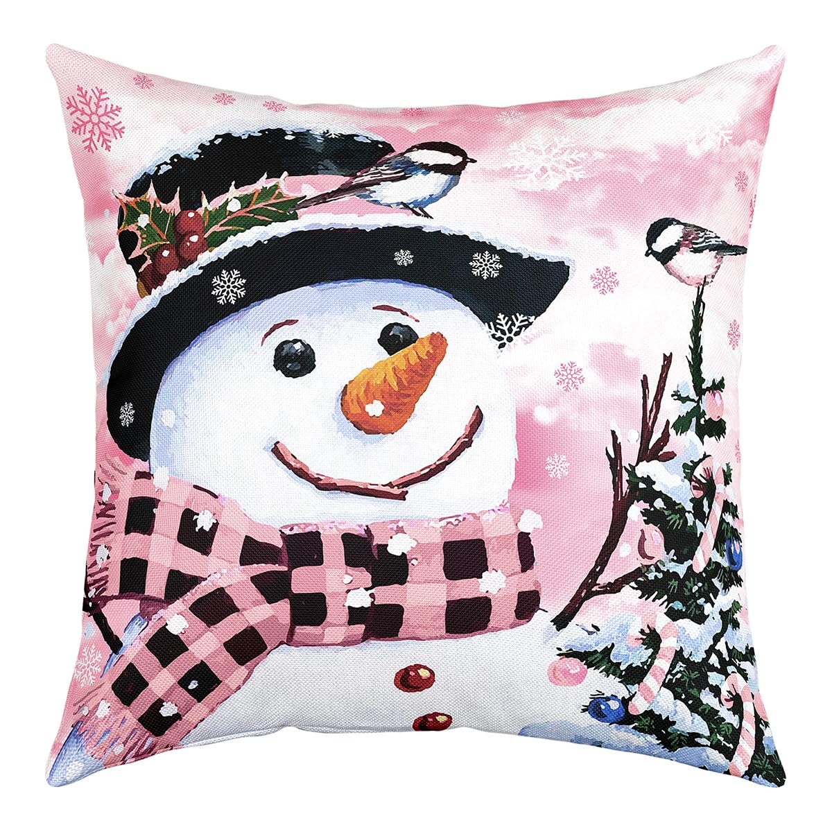 Homemissing Juego de 4 fundas de cojín para sofá, cama, silla, coche, diseño de muñeco de nieve navideño, color rosa, 50 x 50 cm