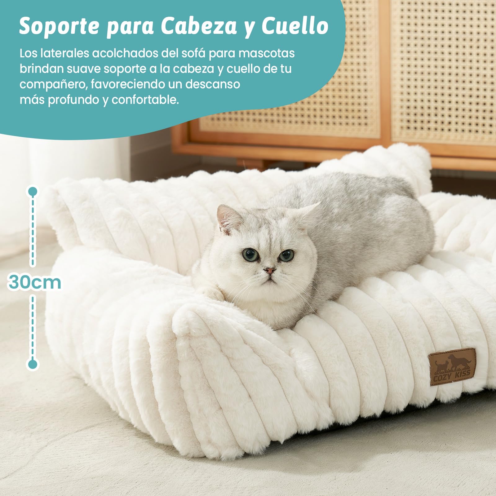COZY KISS Cama Gato 65x44cm, Sofa Perro y Gato pequeño, Crema | Cama ortopédica para gato, soporte cabeza cuello, lavable, antideslizante, piel suave, 30cm H, Crema