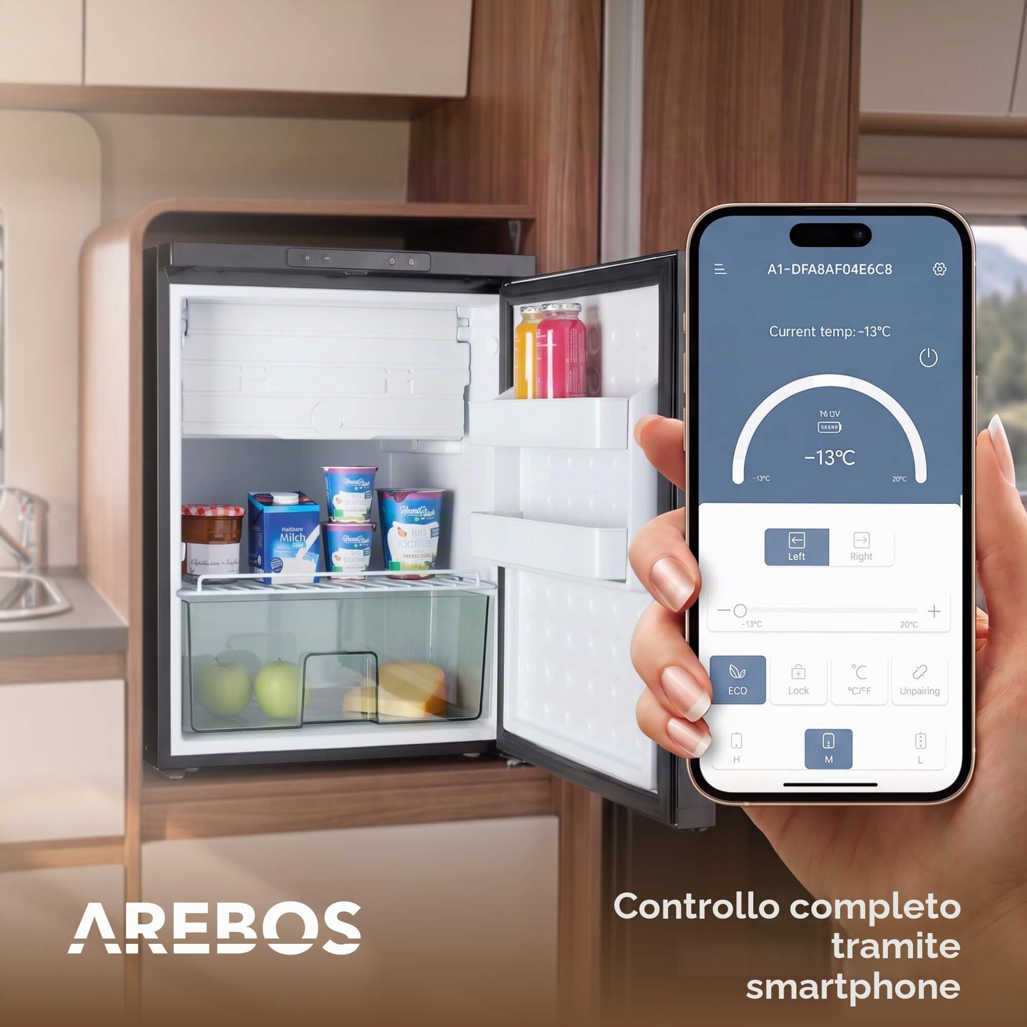 AREBOS Frigorifero a Compressore per Camper 65L con Scomparto Congelatore | Controllo APP | 12V/24V | Fino a -20°C | Porta Reversibile | Frigorifero per Camper, Van, Auto e Camion