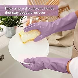 Rubber Cleaning Gloves for Dishwashing, 4 Pairs Reusable Kitchen Gloves for Washing Dishes and Household Cleaning, Purple Dish Gloves with Flocked Lining and Non-Slip Grip, Pefect for Woman Men - M