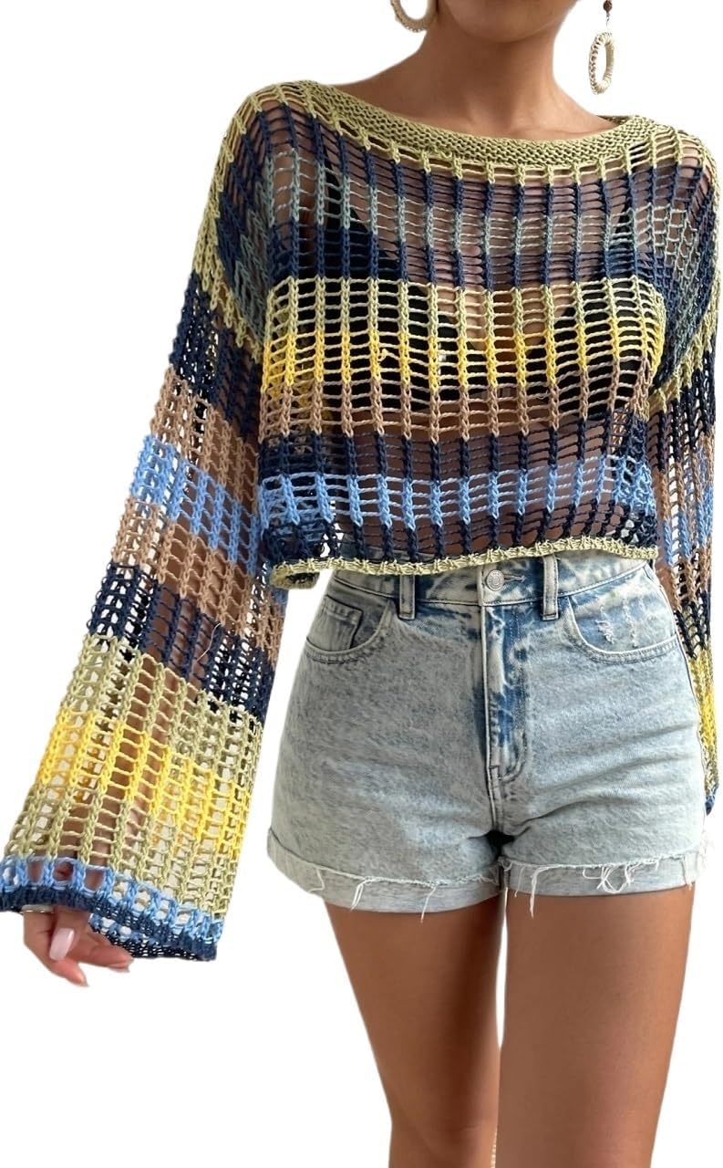 Womens Colorblock Hollow Out Drop Shoulder Open Knit Cover Up Without Bikini,Summer Beach cover ups for swimwear