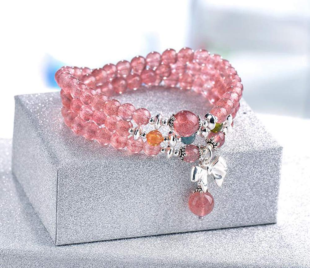 Bracciale in Cristallo di Fragola Bracciale da Donna Multistrato in Argento 925 con tormalina Bracciale in Polvere di Cristallo Semplice Braccialetto alla Moda