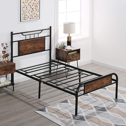 Miniatura 3 de VECELO Base de cama de tamaño individual con cabecero y estribo de madera, base de colchón con listones de metal fuertes y soporte antideslizante,