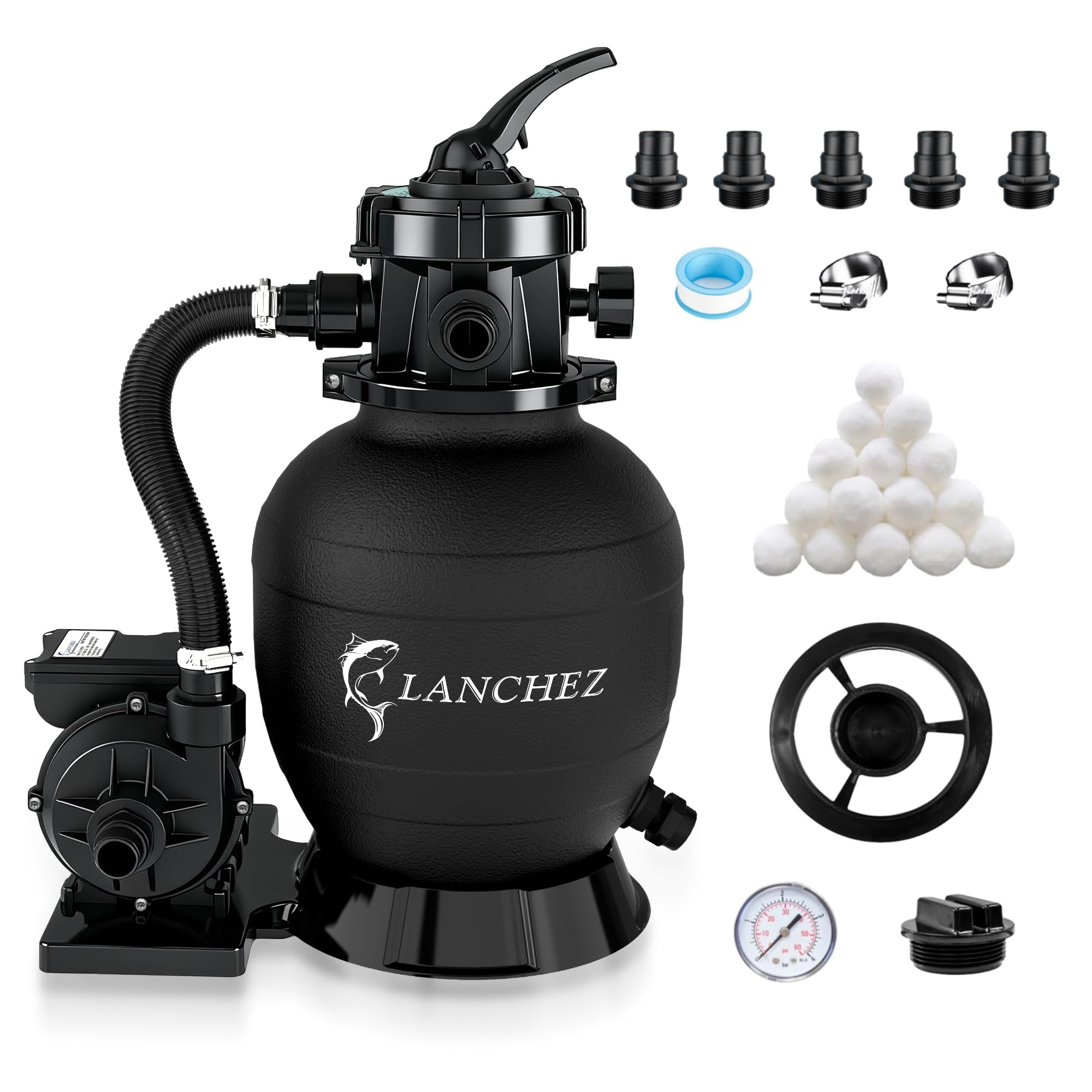LANCHEZ 12-inch Sand Filter Pump connected to an above-ground pool