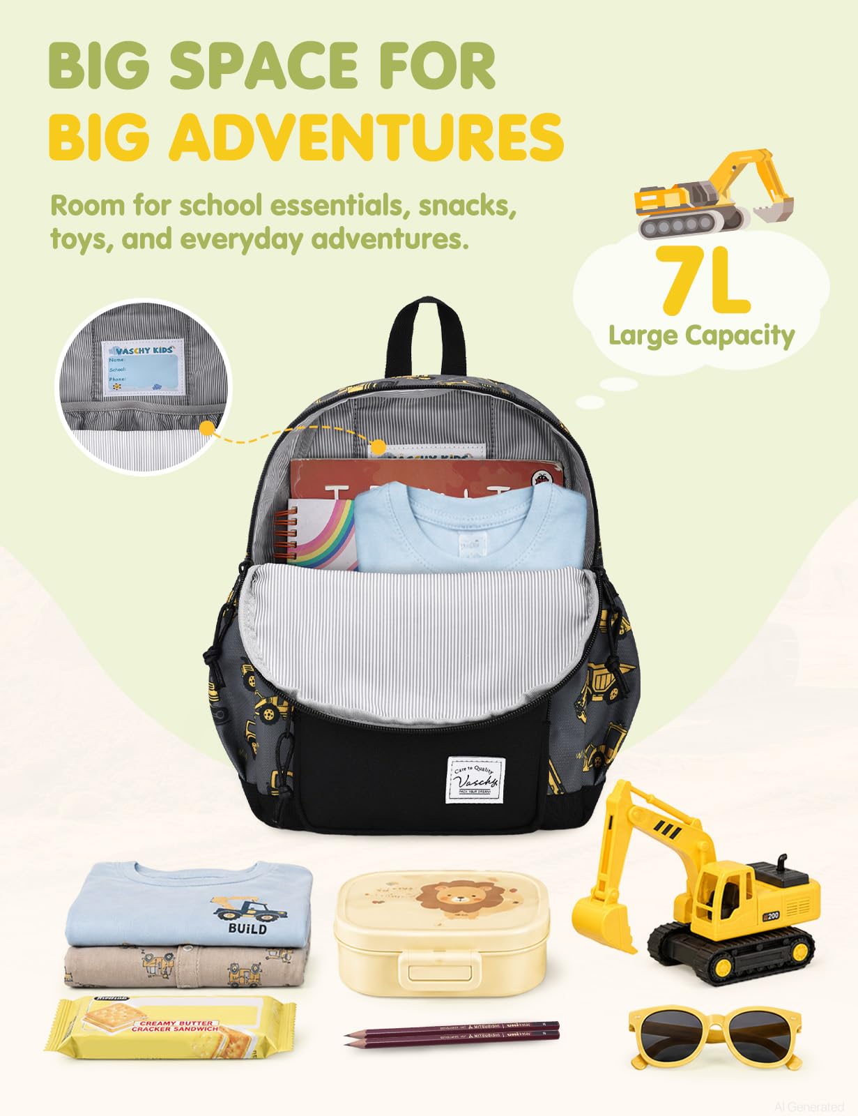 VASCHY Sac à Dos Enfant, Léger Cartable Filles Garcons Primaire Maternelle 4-6 Ans Imperméable Mignon Sac à Dos Fille Garçon pour A4 Dossier Préscolaire Voyage avec Sangle de Poitrine