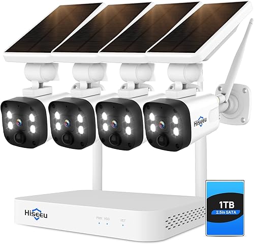 Disco duro de 1 TB, foco de 4 MP Hiseeu Sistema de cámara de seguridad inalámbrico con batería solar, kits de 4 cámaras 100% libres de cables, NVR