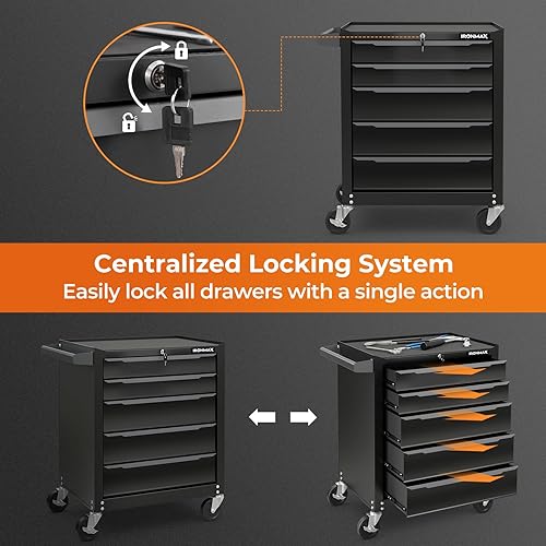 Vista 3 de Goplus Cofre de herramientas con ruedas de 5 cajones, gabinete de almacenamiento de herramientas de acero con asa, agujeros para colgar, sistema