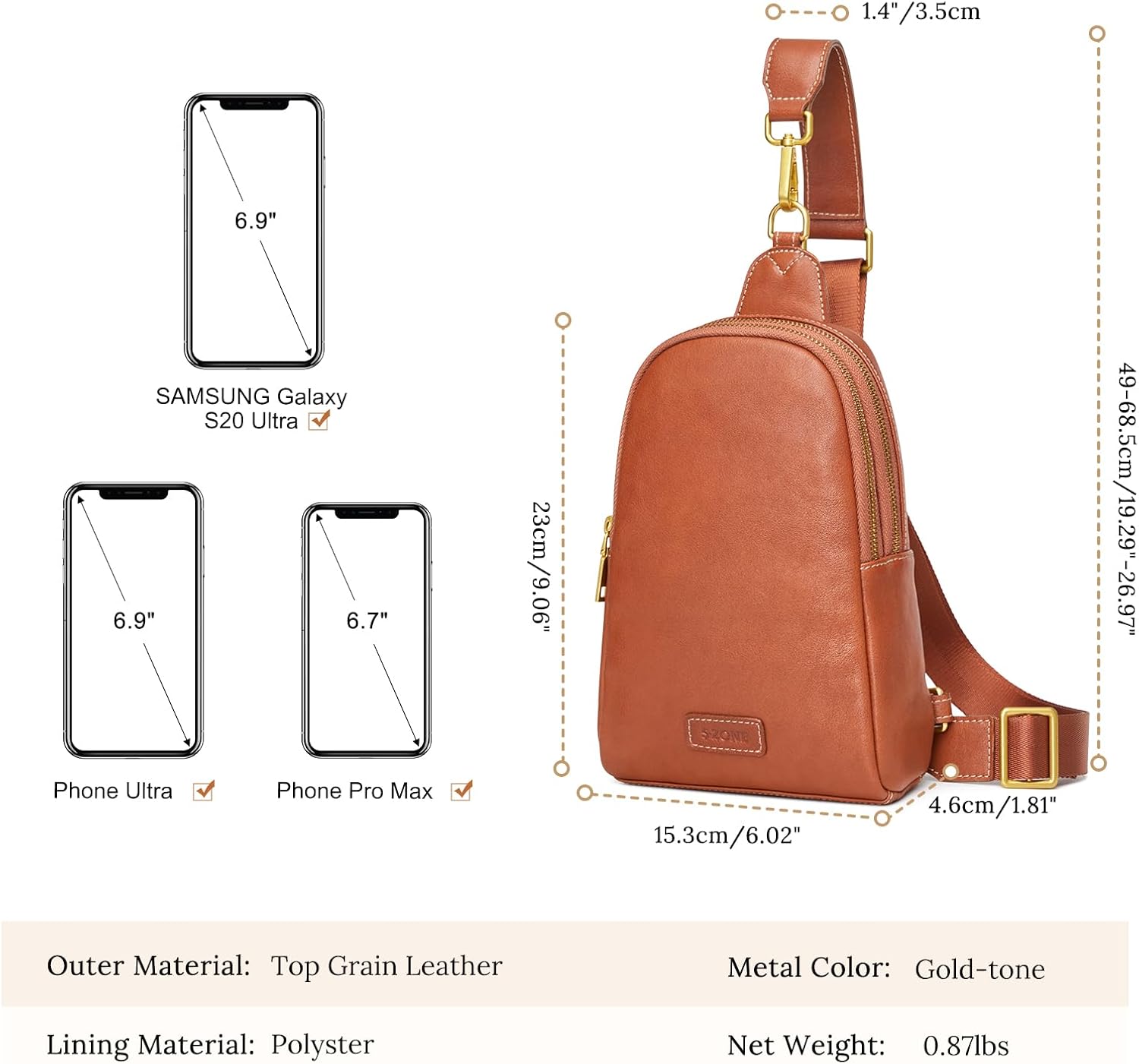 S-ZONE Leather Crossbody Bags for Women Sling Bag RFID Anti Theft Shoulder Purse Fanny Pack | Leather, RFID Anti Theft - Image 3