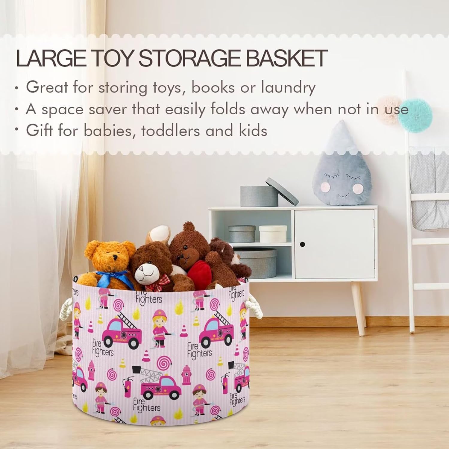 Pink Firefighter Print Round Storage Basket Fire Trucks Equipment Large Laundry Hamper 20 x 20 x 14 Inches Organizer Bin with Handles Clothes Storage Bag for Nursery Bedroom Living Room Decor