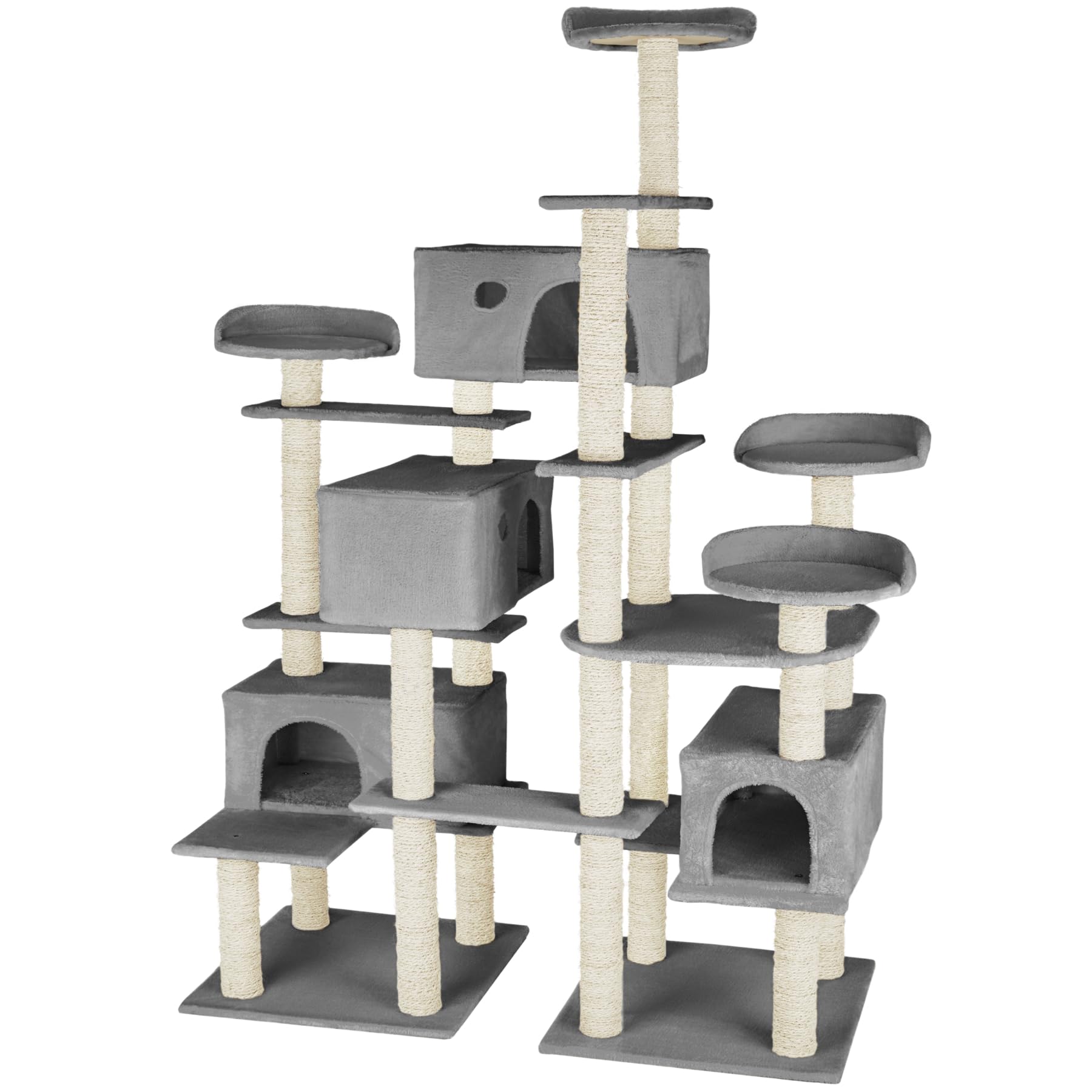 tectake® Multi-Level Cat Tree with Sisal Scratching Posts, 4 Perches & 4 Cosy Houses, Robust Structure with 2 Sturdy Bases & Anti-Tip Protection - 214 cm Cat Tower for Cats & Kittens - Grey