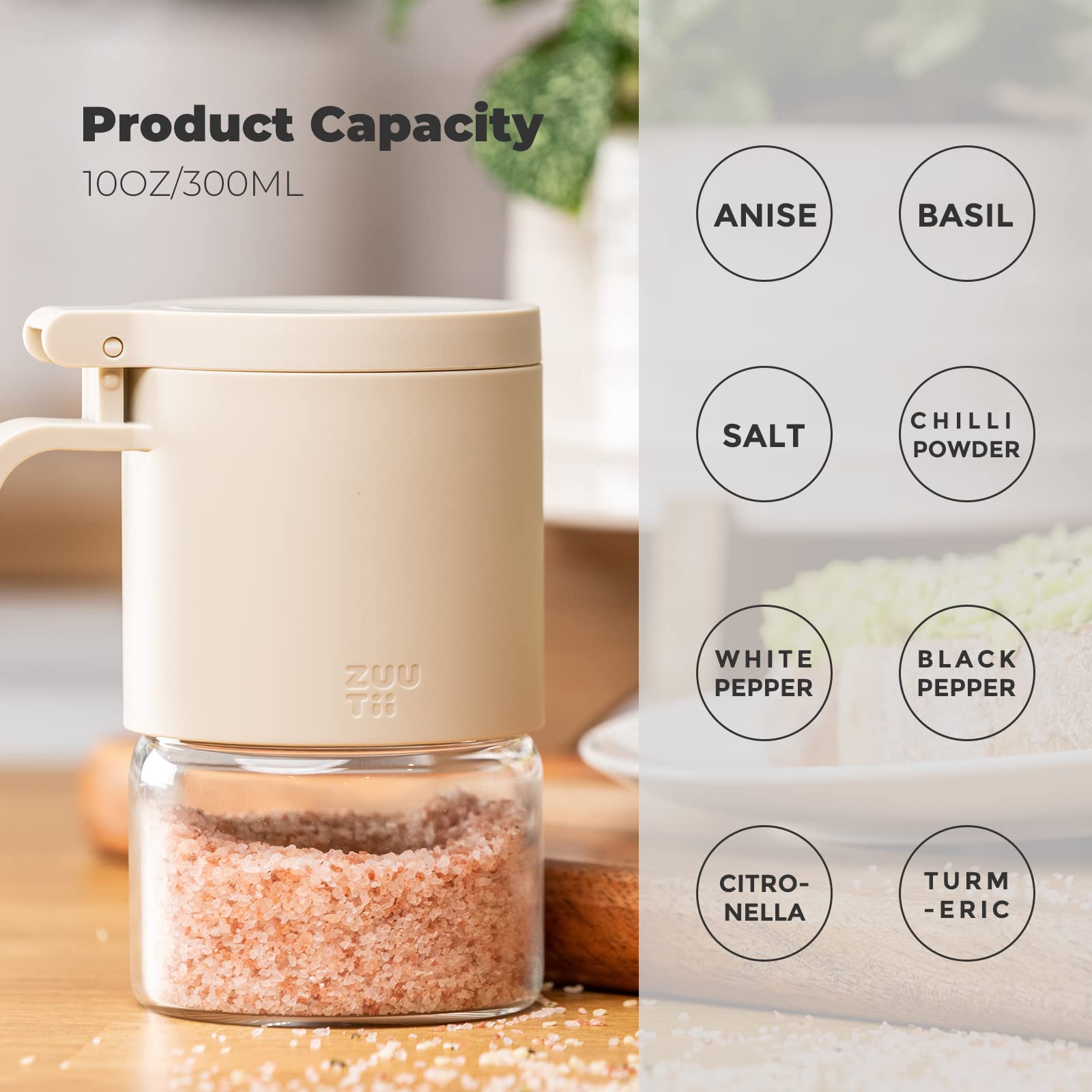 Zuutii Tarros de cristal para especias a prueba de humedad con cucharas, juego de 2 botellas de especias de 10 onzas300 ml, mini frascos de almacenamiento de condimentos con tapas para sal, azúcar,