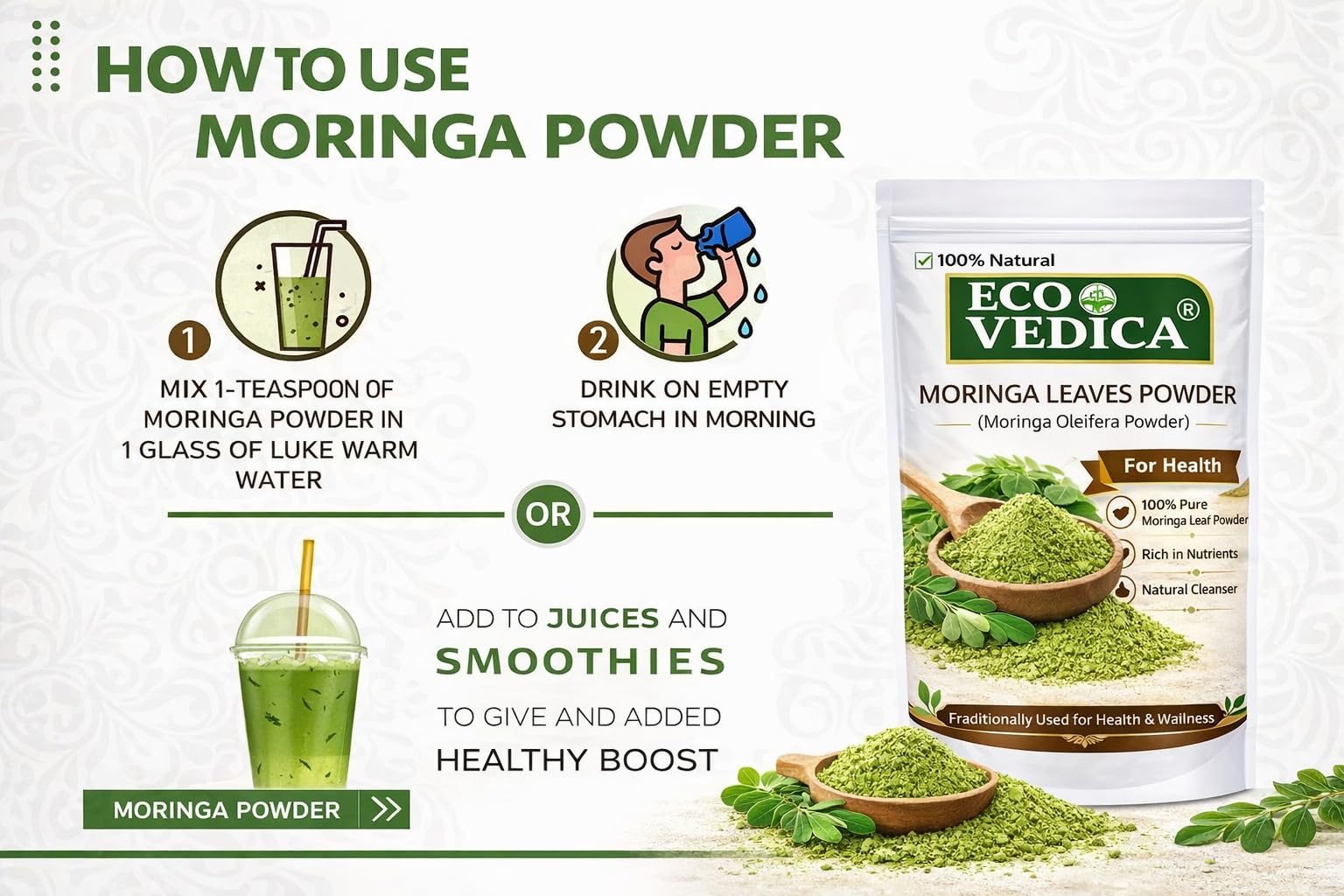 EcoVedica Moringa Powder - 100g, Nutritional Supplement, Essential Nutrition Superfood, Helps Naturally Boost Energy Levels, Improves Stamina & Vitality, Rich in Vitamins & Minerals 2