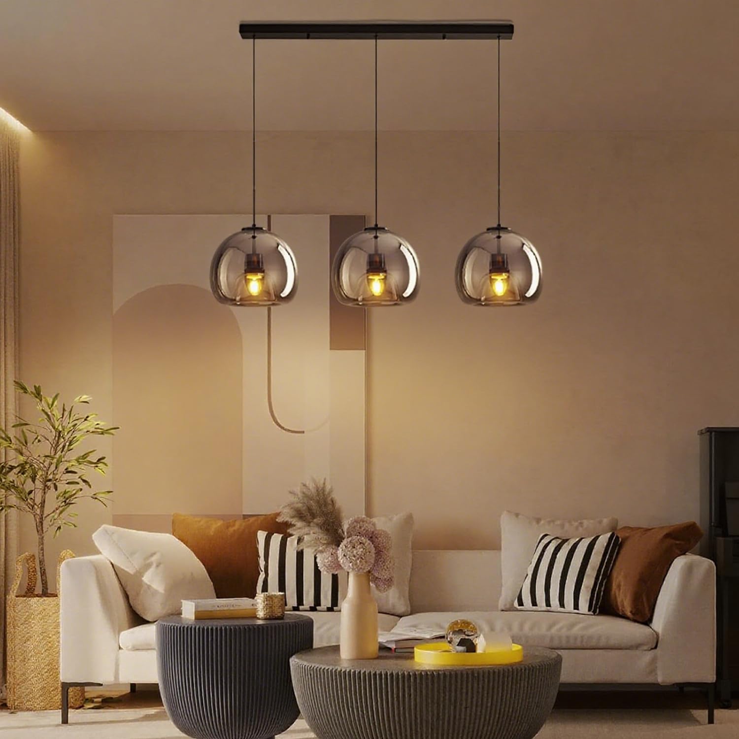 MIXL-Modern Globe Pendant Light 3-Lights Hanging Light with Smoke