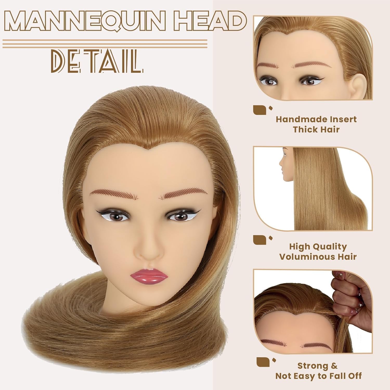 Mannequin Head with 28" golden Hair | Cosmetology Manikin Doll Head for Braiding & Styling | Hairstylist Training Practice Head | Includes Free Clamp for Cosmetology Students hair tail comb and eyelash 2