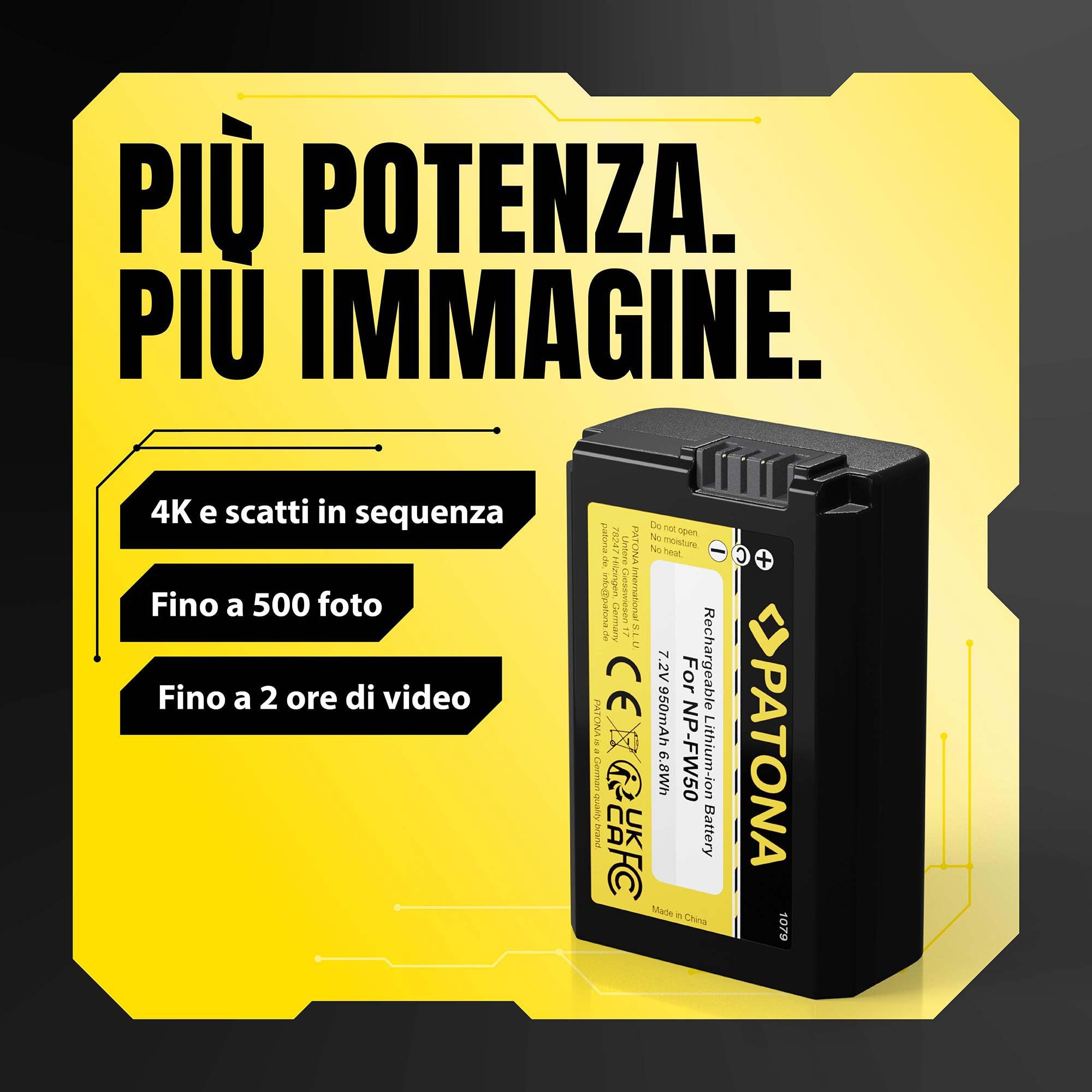 PATONA 2x Batteria NP-FW50 (950mAh) – ricambio per Sony Alpha 6000 6100 6300 6400 6500, ZV-E10, A7 II, A7R II, A5100, NEX, RX10 II–IV – si ricarica nel caricabatterie originale