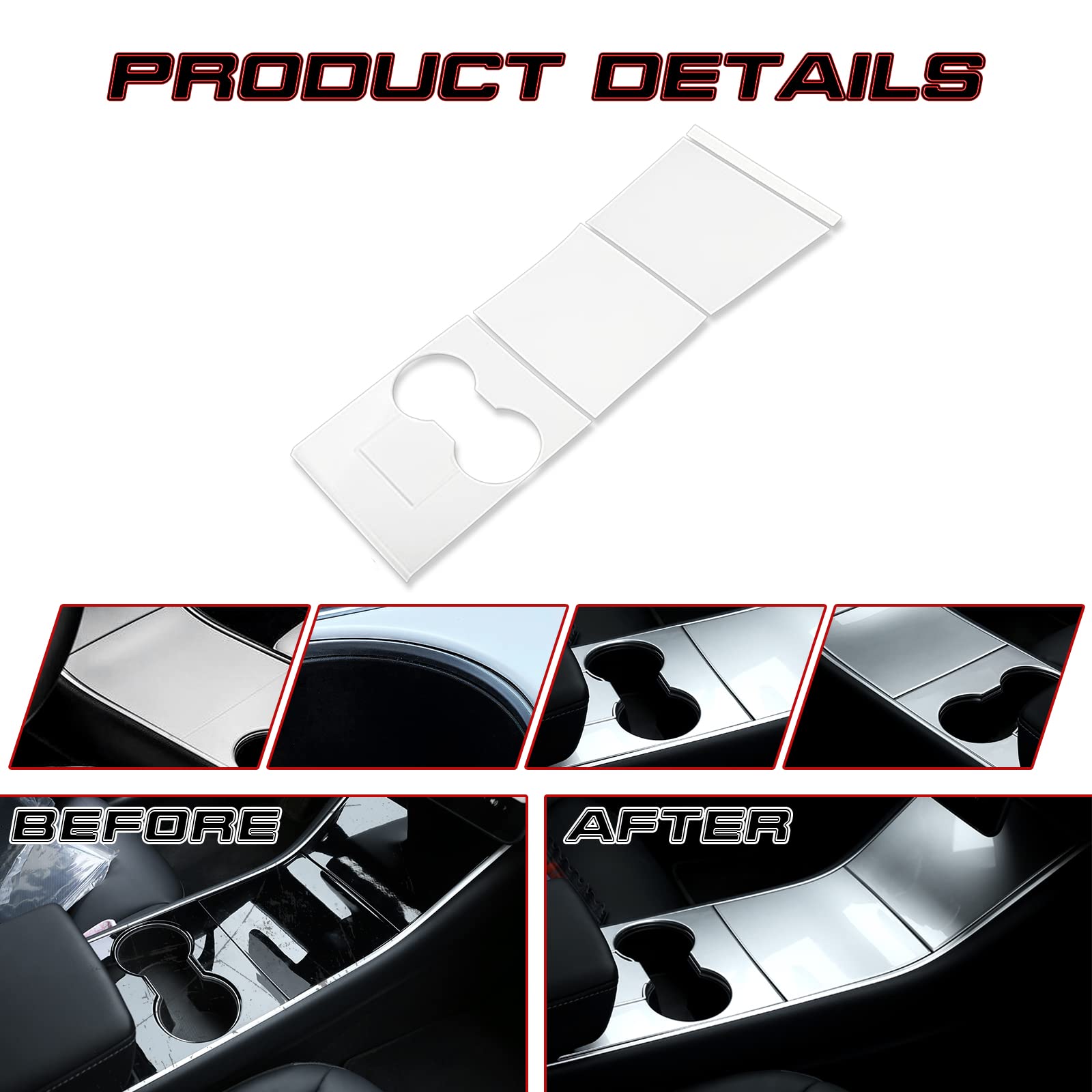 Xotic Tech Center Console Wrap Water Cup Holder Panel Cover Kit, Piano White, Compatible with Tesla Model 3 Model Y 2017-2020