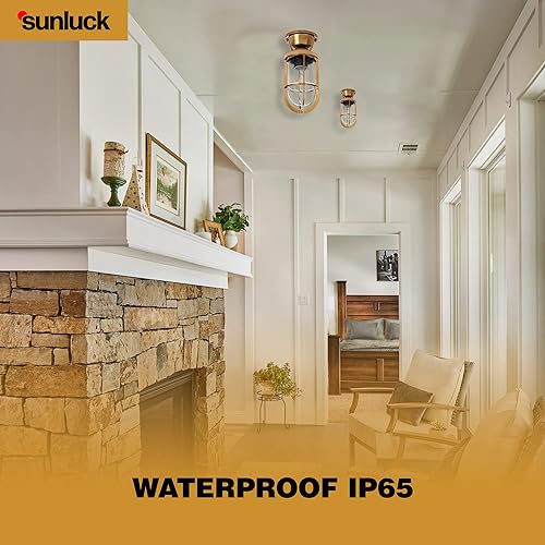 Miniatura 4 de Sunluck Lámpara de techo de latón semiempotrada, luz de poste, pantalla de jaula de latón puro, luz de porche industrial, resistente al agua IP65,