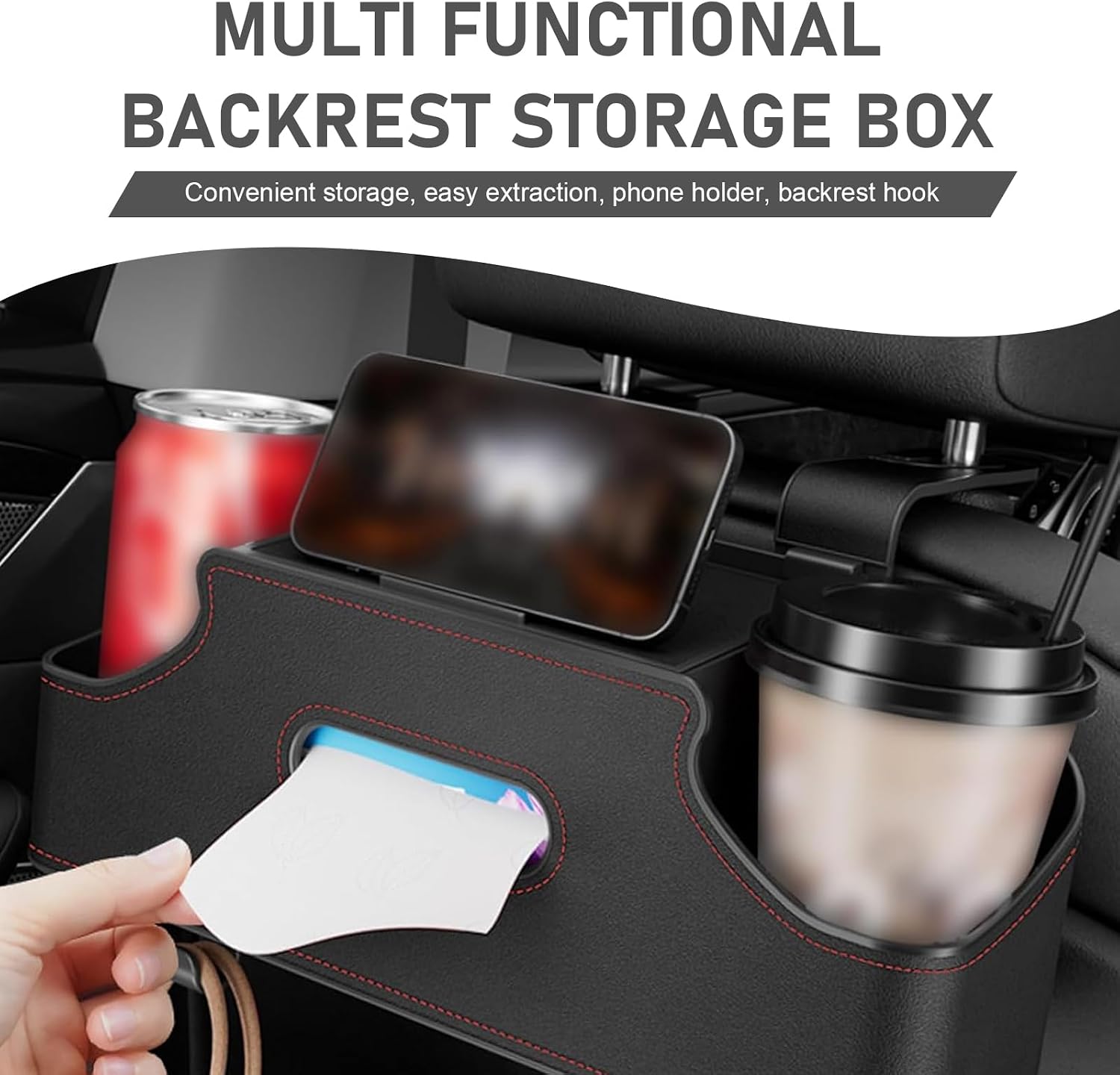 Back Seat Cup Holders for Cars, 11.42" x 3.35" Backseat Car Organizer, Multifunctional Back Seat Storage Box, Universal for Vehicles (Black)
