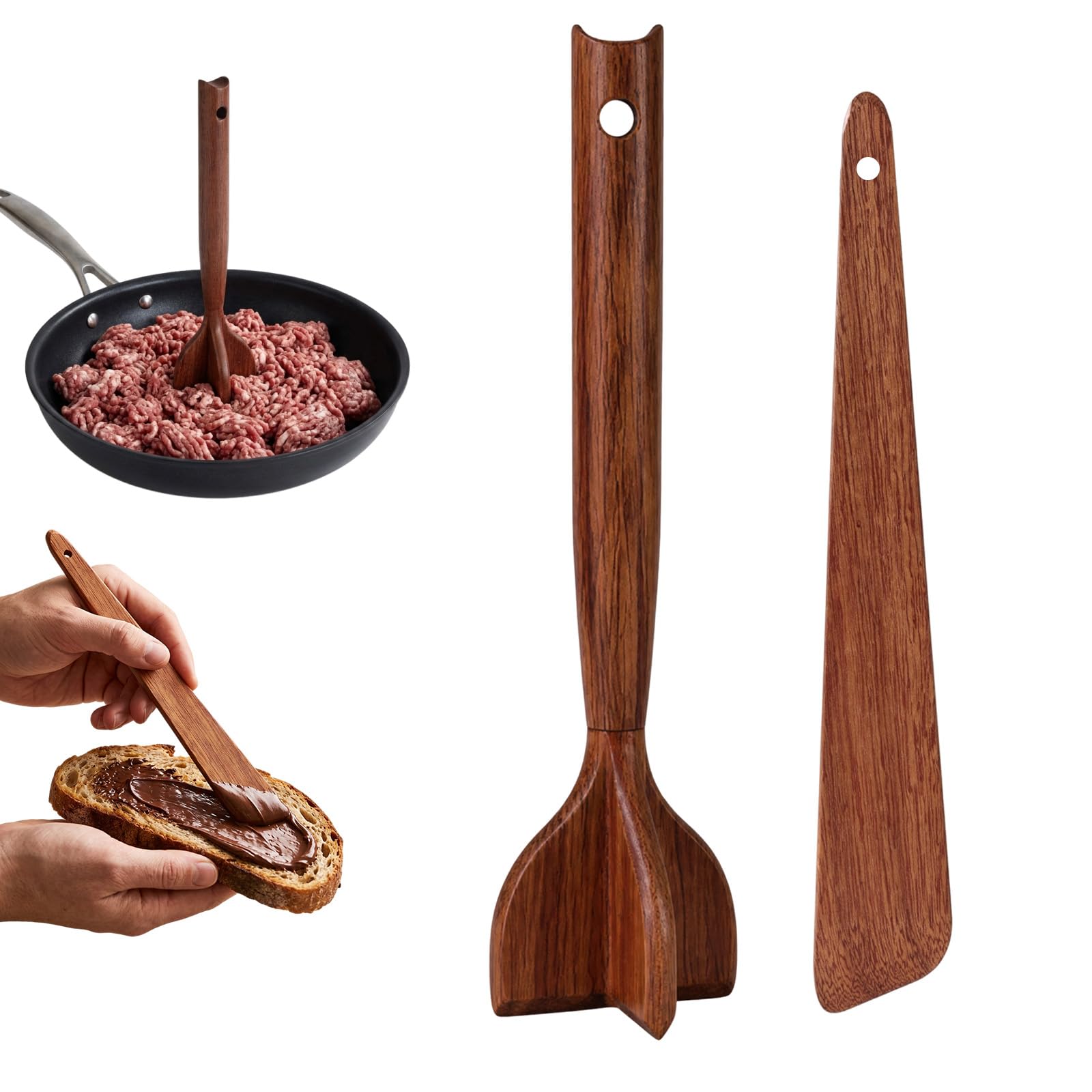 Sinbana 2pcs Teak Wood Meat Masher and Spatula Set (Brown)
