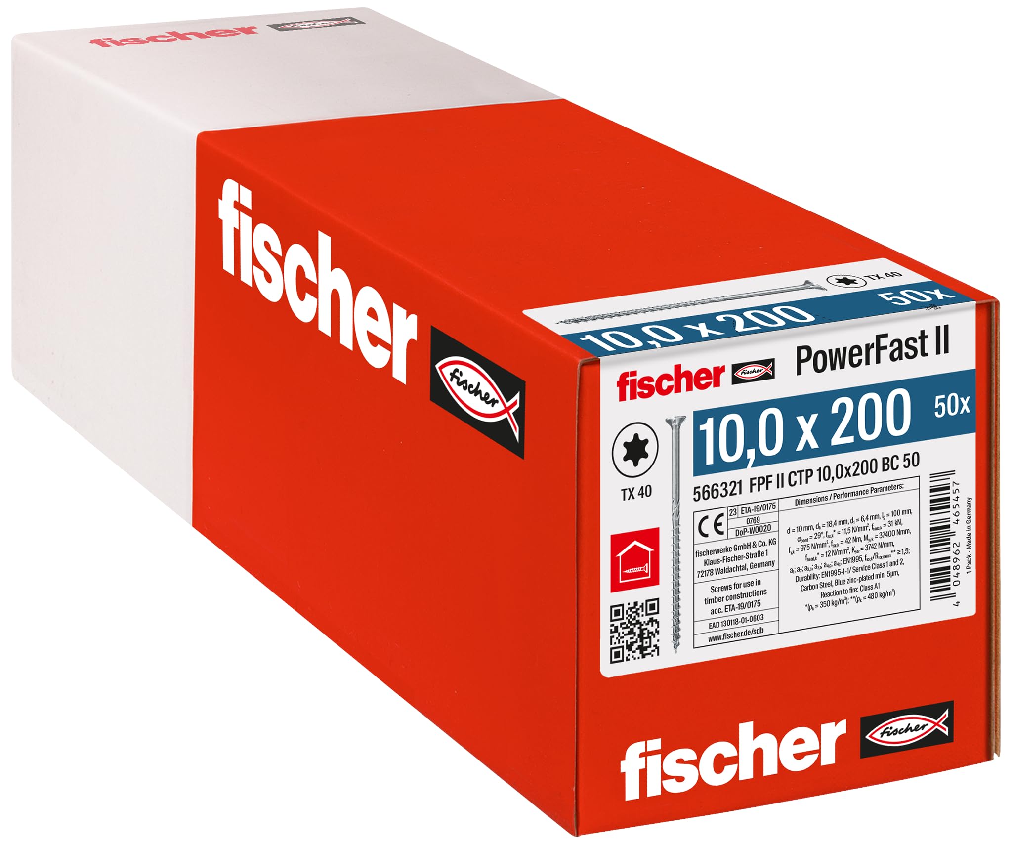 Fischer Viti per Legno e Costruzioni PowerFast FPF II CTP 10,0x200, Filettatura Parziale, Testa Svasata Piana, Impronta Torx, Zincata Bianca, 50 Pz, 566321