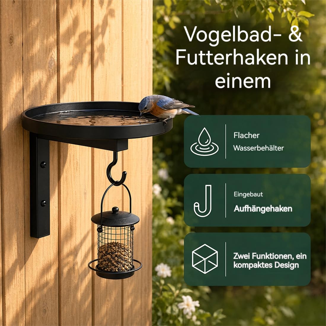 Vogeltränke Zum Aufhängen, Vogeltränke Metall mit Futterhaken, Vogelfutterstation Zum Aufhängen,Birds Water Bowl, Tray Birdbath for Garden Balcony Deck Patio Decor (3PCS)