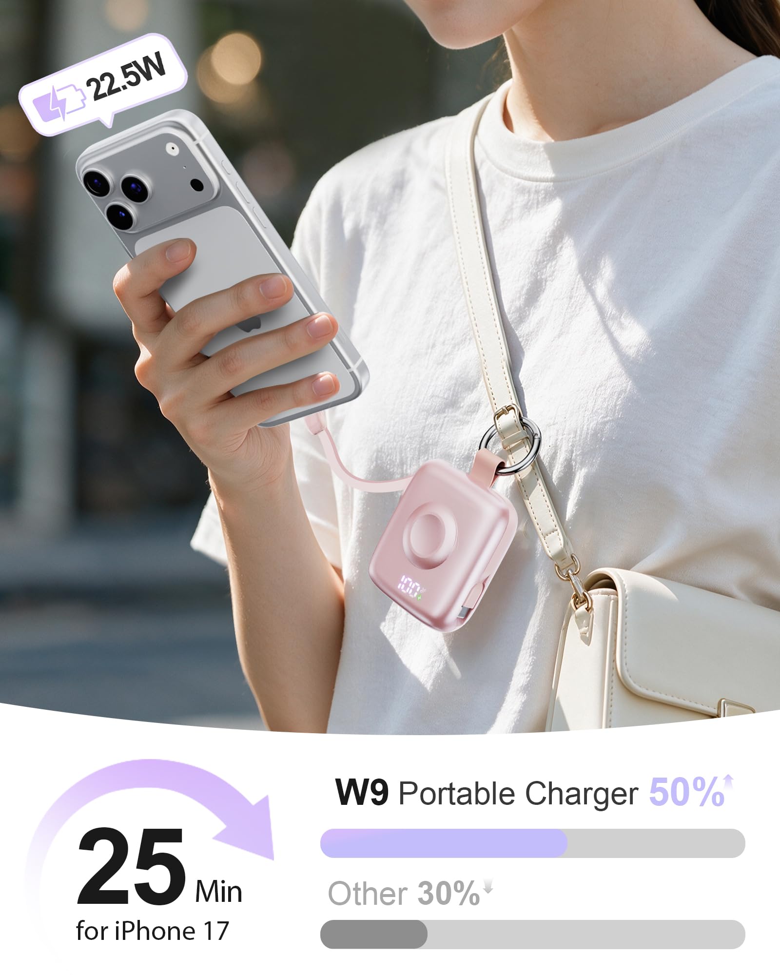 Chargeur portable, 10 000 mAh, 22,5 W maximum, charge rapide avec câbles intégrés, porte-clés de voyage pour iPhone 17/16/15/14/13/12 et iWatch Ultra/11/10/9/8/7/6/5, rose