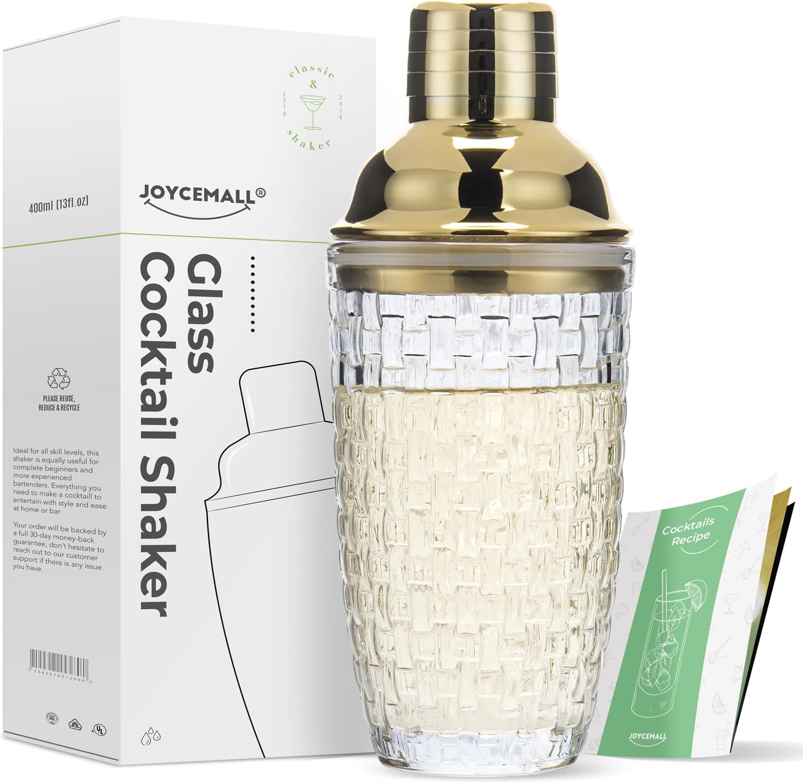 Glass Cocktail Shaker Kit, JOYCEMALL 13 Ounce Martini Mocktail Making Set with Leakproof Metallic Steel Lid & Strainer & Gift Box for Home Use Stainless Steel,Clear, 13oz (385ml)