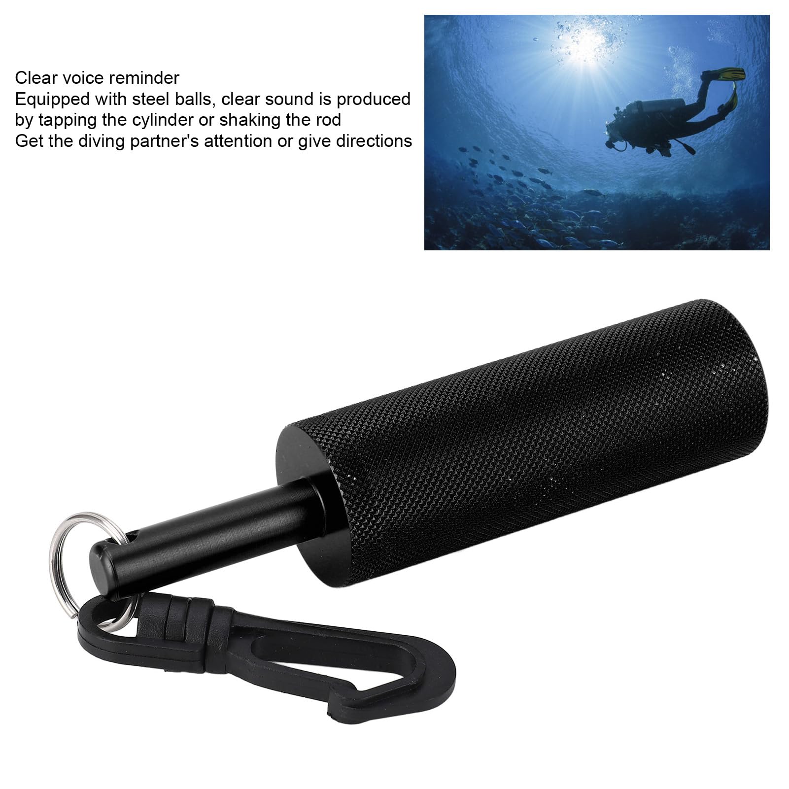 Scuba Rattle Stick, Aluminum Alloy Diving Rattle, 360 Degree Diving Pointer with Clip, Scuba Diving Underwater Shaker, Lightweight Noise Maker Signal Bell, Diving Safety Gear for (Black)
