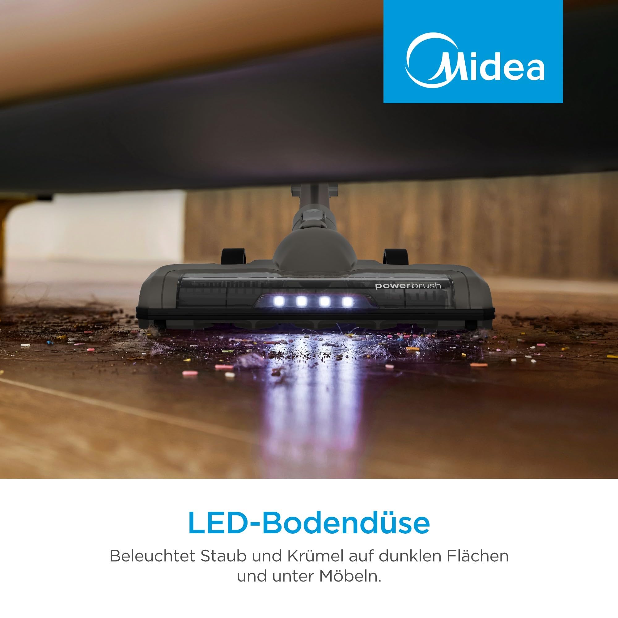 Midea P9 Lite Akku Staubsauger, kabelloser Stielstaubsauger 350 W, bis zu 26 kPa, bis zu 50 Min. Laufzeit, 5-stufiges Filtersystem, LED-Bodendüse, Handstaubsauger, 0,56 L, Weiß/Grau