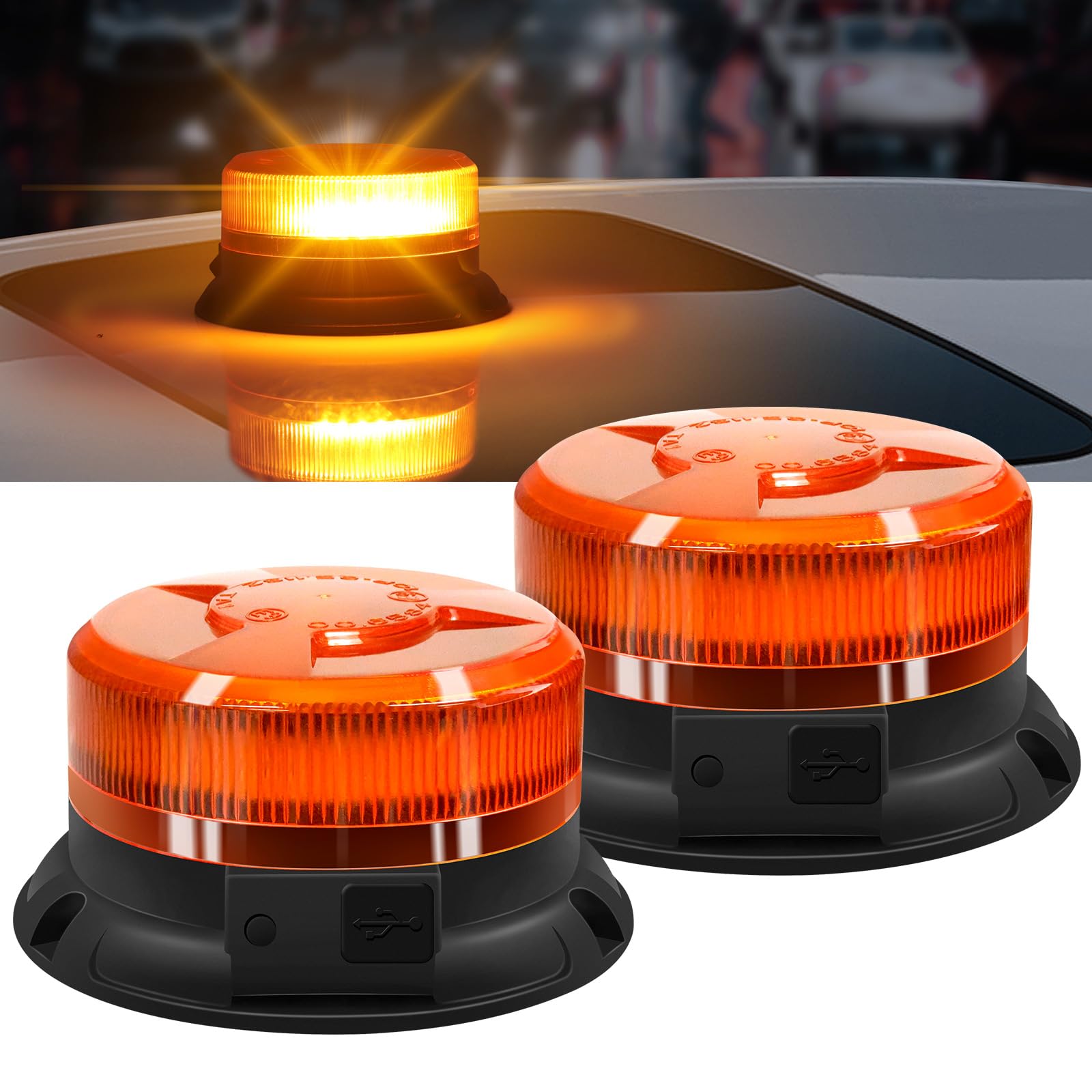 AnTom 2 pezzi Lampeggiante LED - 9 Modalità di Lampeggiamento, Lampeggiante Arancione LED con Magneti per Auto e Cavo USB per Camion, Trattori, SUV, Golf Car, Veicoli di Emergenza e Cantieri
