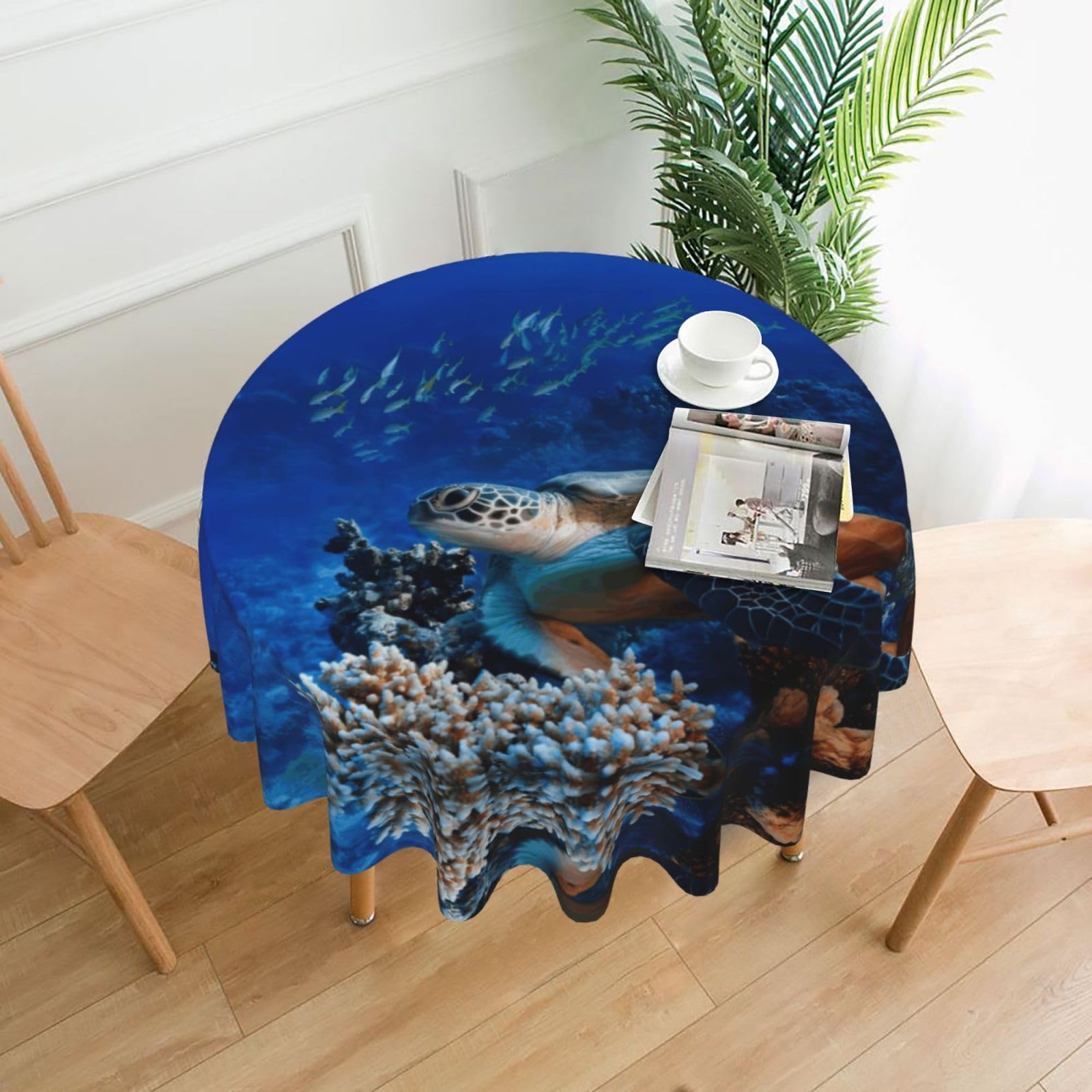 WHJSSF Sea Turtle With Fishes Prints Round Decorative Table Throw 60 Inch – Waterproof Table Cover for Dining, Coffee Tables, and Outdoor Events