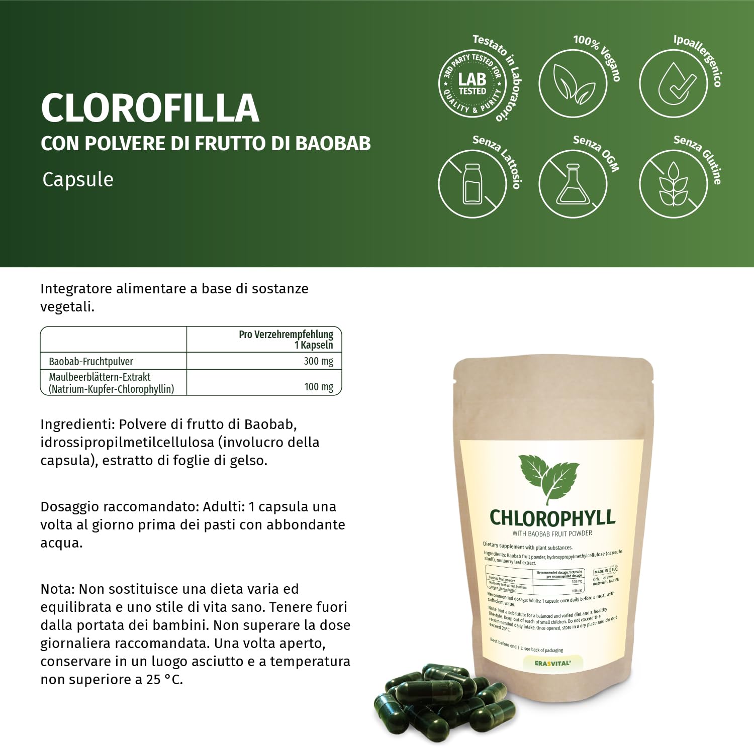 Chlorophyll 90 Kapseln - Pflanzenkraft aus Maulbeerblättern und Baobab-Fruchtpulver - Vitalstoff-Formel für Balance und Wohlbefinden, ohne Zusatzstoffe, laborgeprüft, vegan.