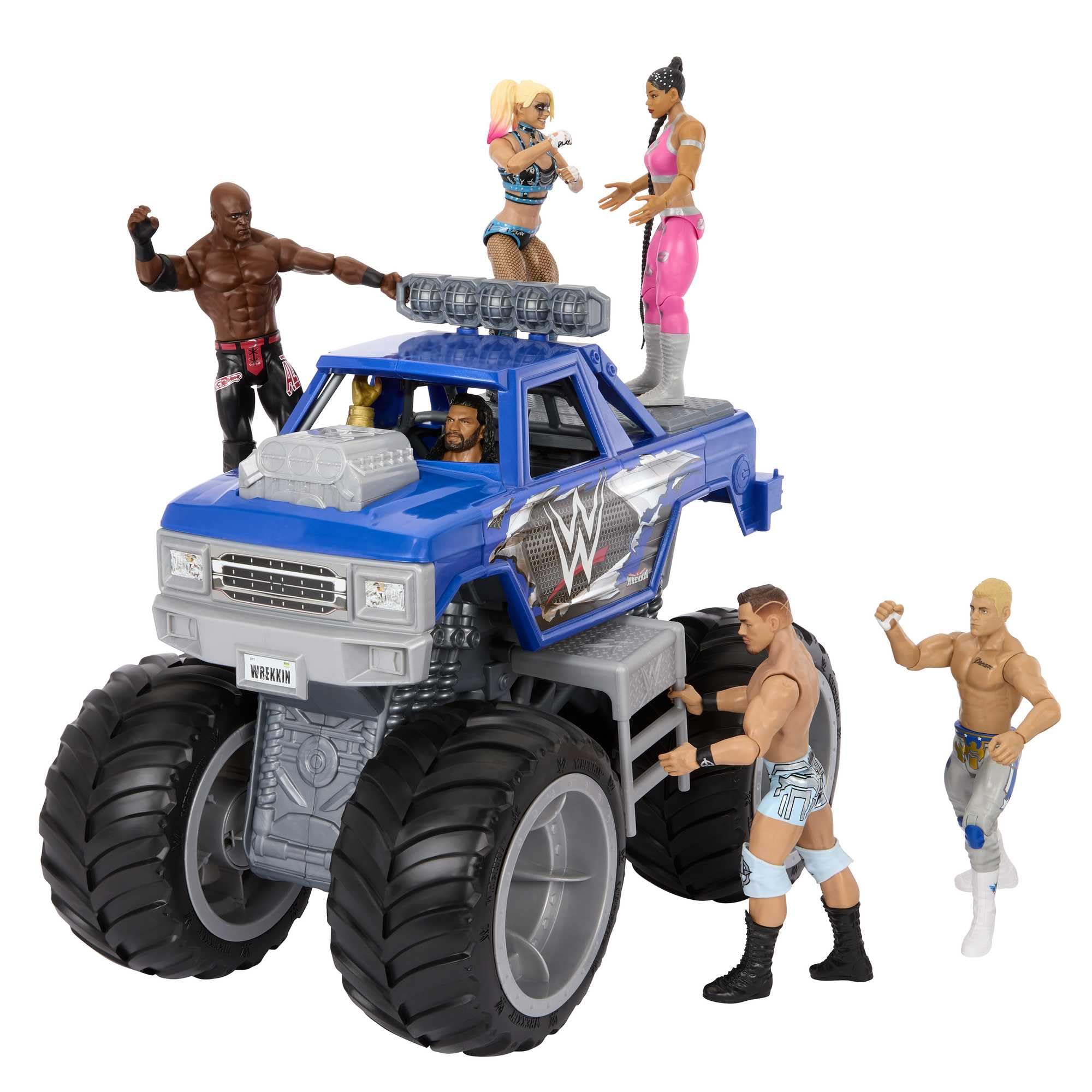 Mattel WWE Wrekkin Slam Crusher Monster Truck Figura de acción de un vehículo de la WWE con 8 piezas rompibles, HPG36