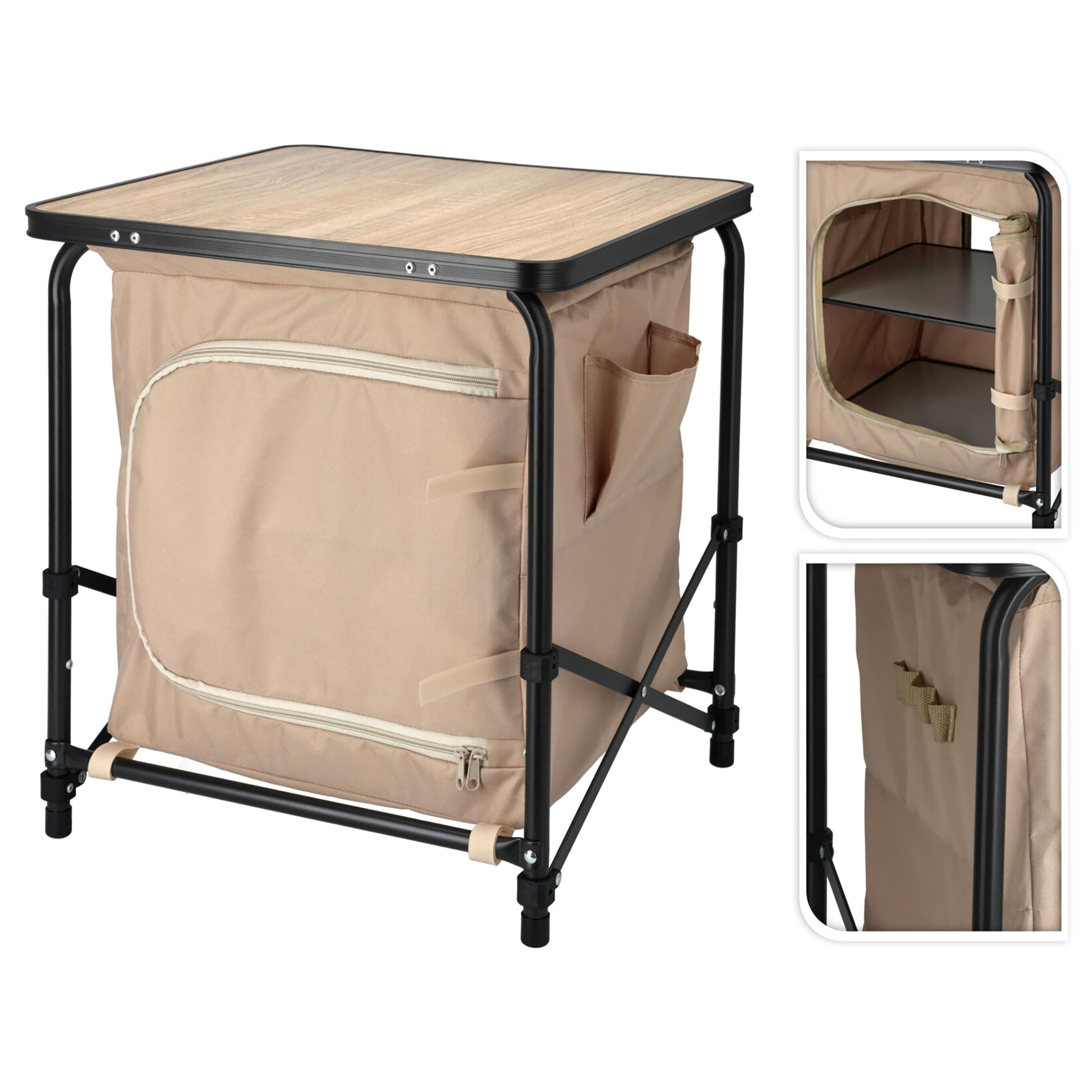 Armario de camping 2 en 1 de tela, plegable, con bolsa de transporte, 53 x 48 cm, mesa de camping con tablero en aspecto de madera, armario plegable para jardín, armario multiusos