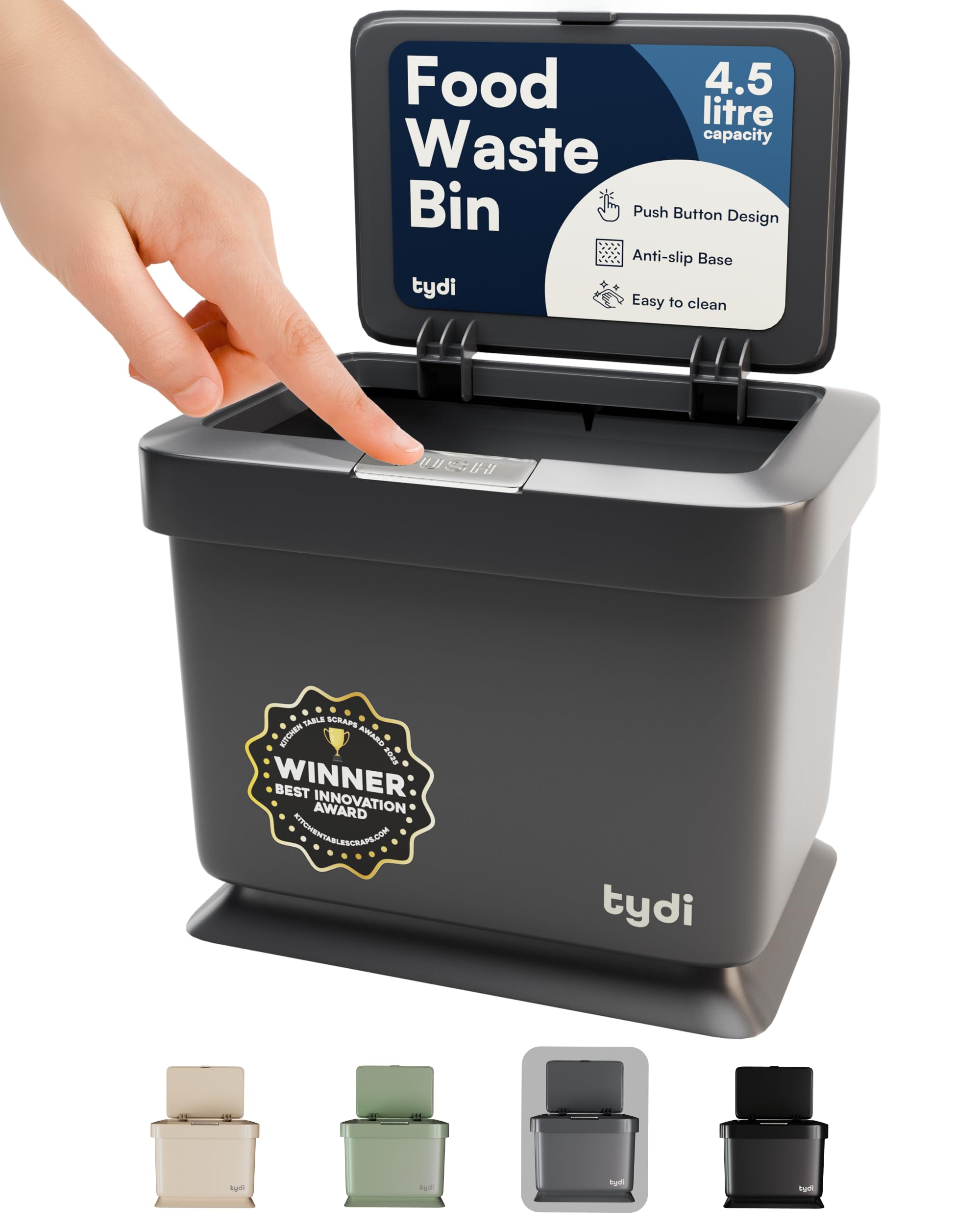 Tydi 4.5L Food Waste Bin with Press-Button Lid – Compost Bins for Kitchen - Anti-Slip Base and Secure Lid Kitchen Compost – Small Indoor Caddy for Cupboard or Countertop – Dark Grey