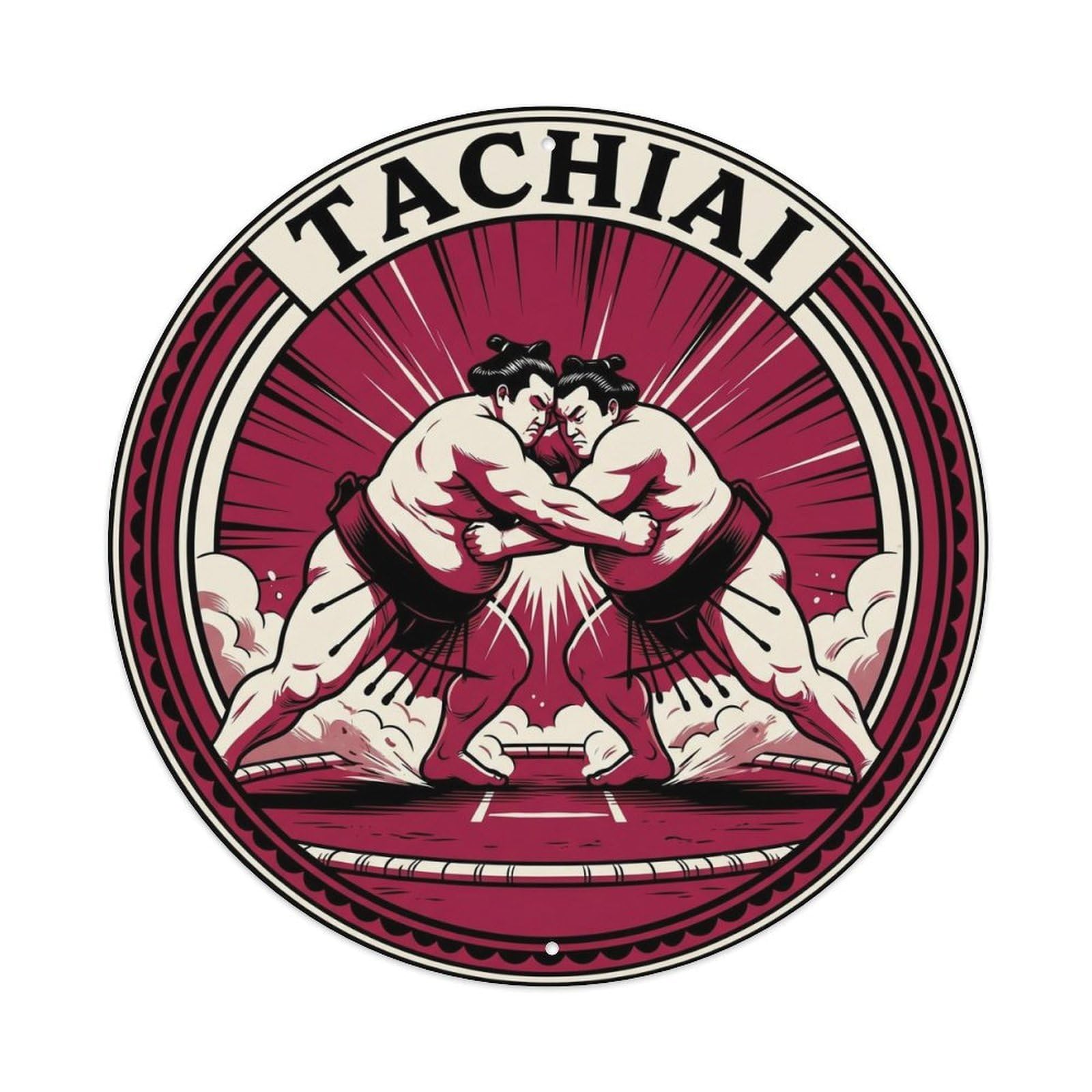 Olyhtr 8X8inch Classic Style Sumo Wrestlers Pushing Tachiai Woodblock Crimson Black Metal Tin Sign
