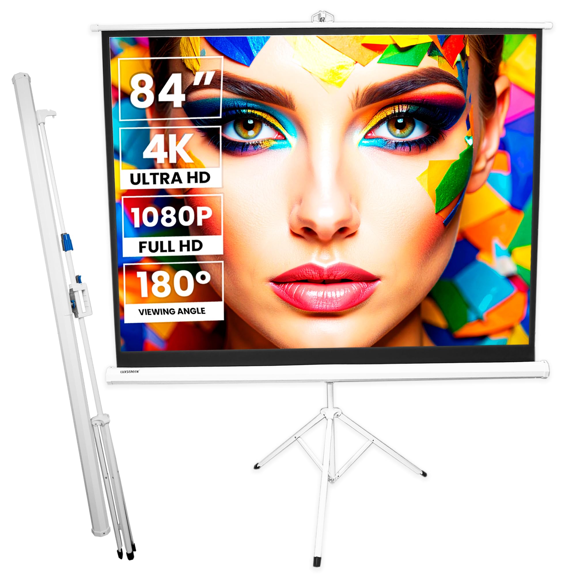 Pantalla de proyección con tripode 84" Luxscreen Superficie de proyección 171x128cm Blanco Mate Ganancia 1.1 para instalación Interior o Exterior Pantalla de proyección portatil