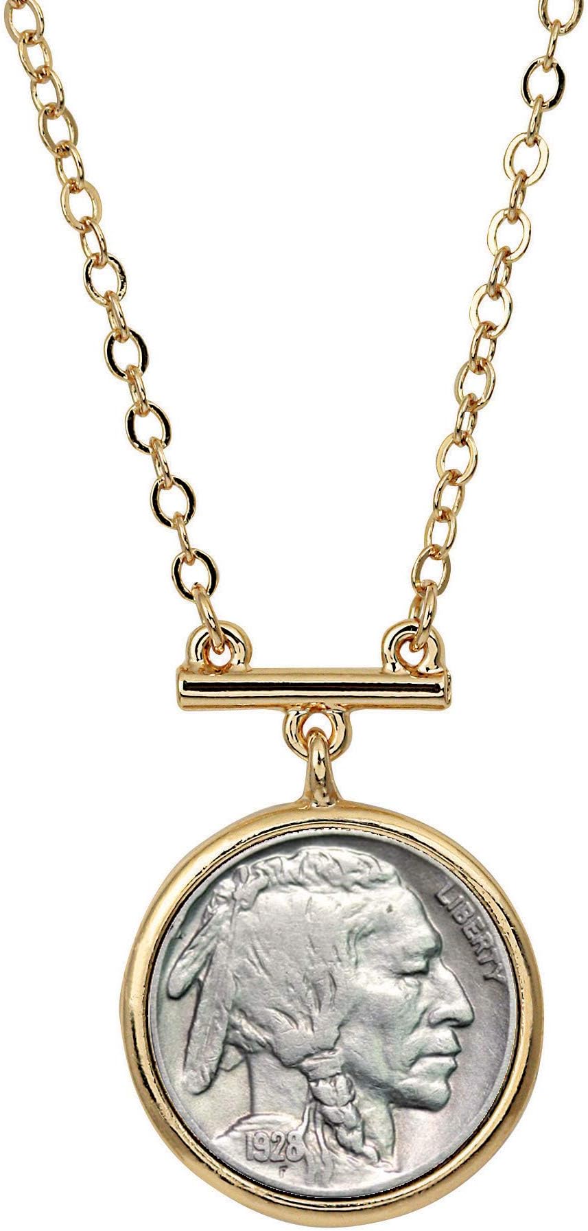 American Coin TreasuresBuffalo Nickel Pendant Bar Necklace | Goldtone Flat Cable | 18 Inch 3 Inch Extender with Lobster Claw Clasp | Certificate of Authenticity