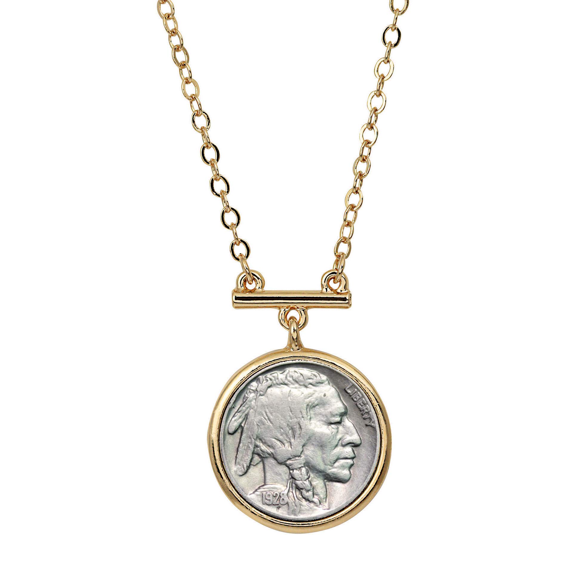 American Coin TreasuresBuffalo Nickel Pendant Bar Necklace | Goldtone Flat Cable | 18 Inch 3 Inch Extender with Lobster Claw Clasp | Certificate of Authenticity