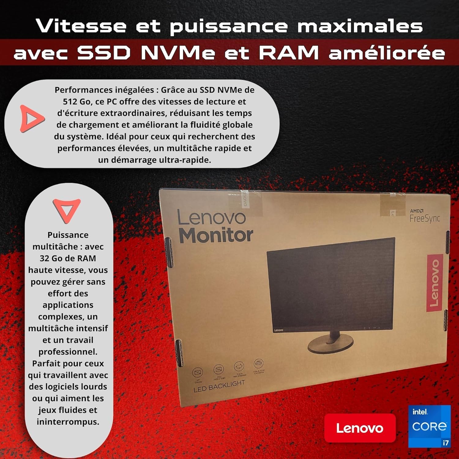 Lenovo Ordinateur 27 pouces Core i7 jusqu'à 4,00 GHz 32 Go Ram 512 Go SSD Win 11 Pro Office 2021 Pro DvD RW Garantie 36 mois