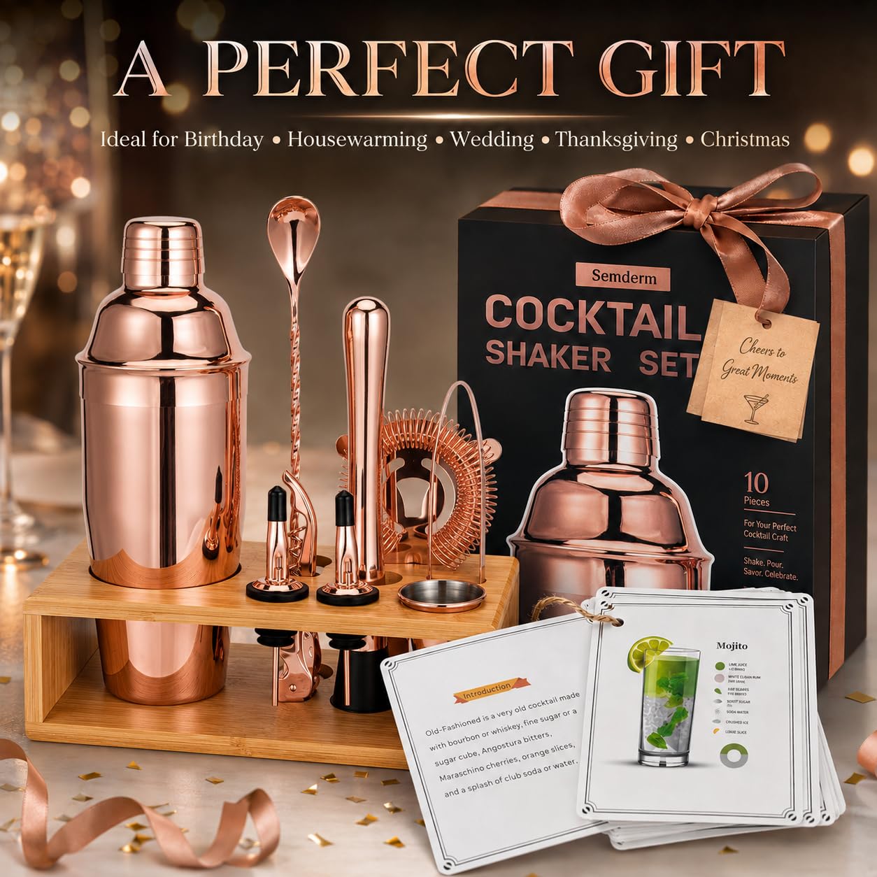 Rose Gold Cocktail Shaker Set, Premium 18/8 Stainless Steel Mixology Bartender Kit with Stylish Bamboo Stand 10-Piece Bar Tools & Accessories for Home Decor - Gift for Women, Mom, Wedding view 8