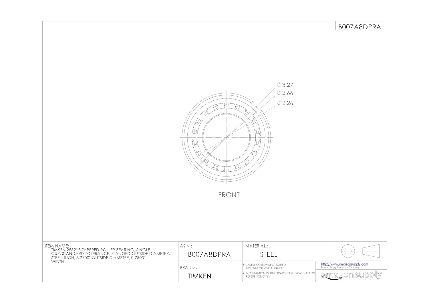 Timken 25521B Tapered Roller Bearing, Single Cup, Standard Tolerance, Flanged Outside Diameter, Steel, Inch, 3.2700" Outside Diameter, 0.7500" Width