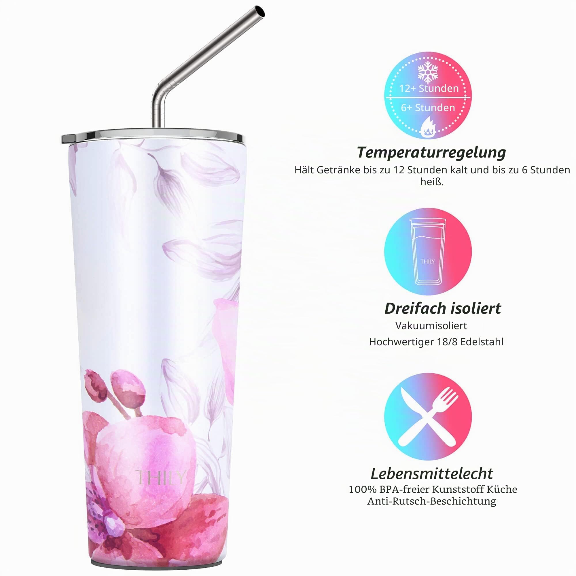 Vakuumisolierter Edelstahlbecher – THILY 780 ml dreifach isolierter Reisebecher mit spritzwassergeschütztem Deckel, für Eiskaffee und heiße Getränke, 2er-Pack, Pink Ripple + Lotus Flower