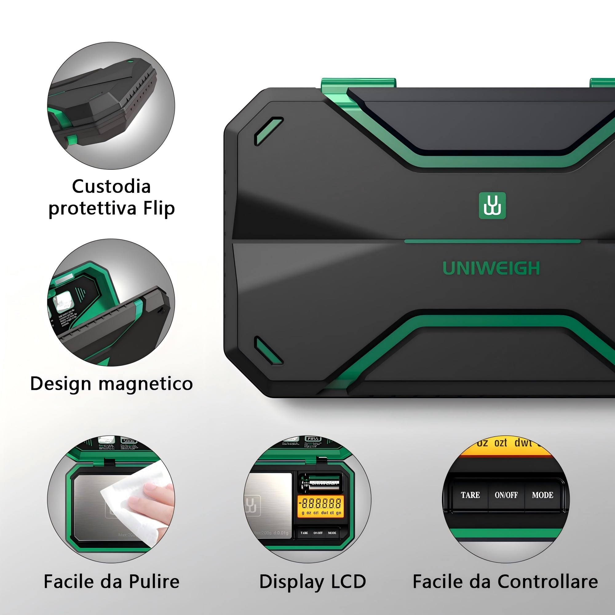 UNIWEIGH Bilancia digitale tascabile 200g/0,01g, mini scala alimentare con peso di calibrazione 50g, verde