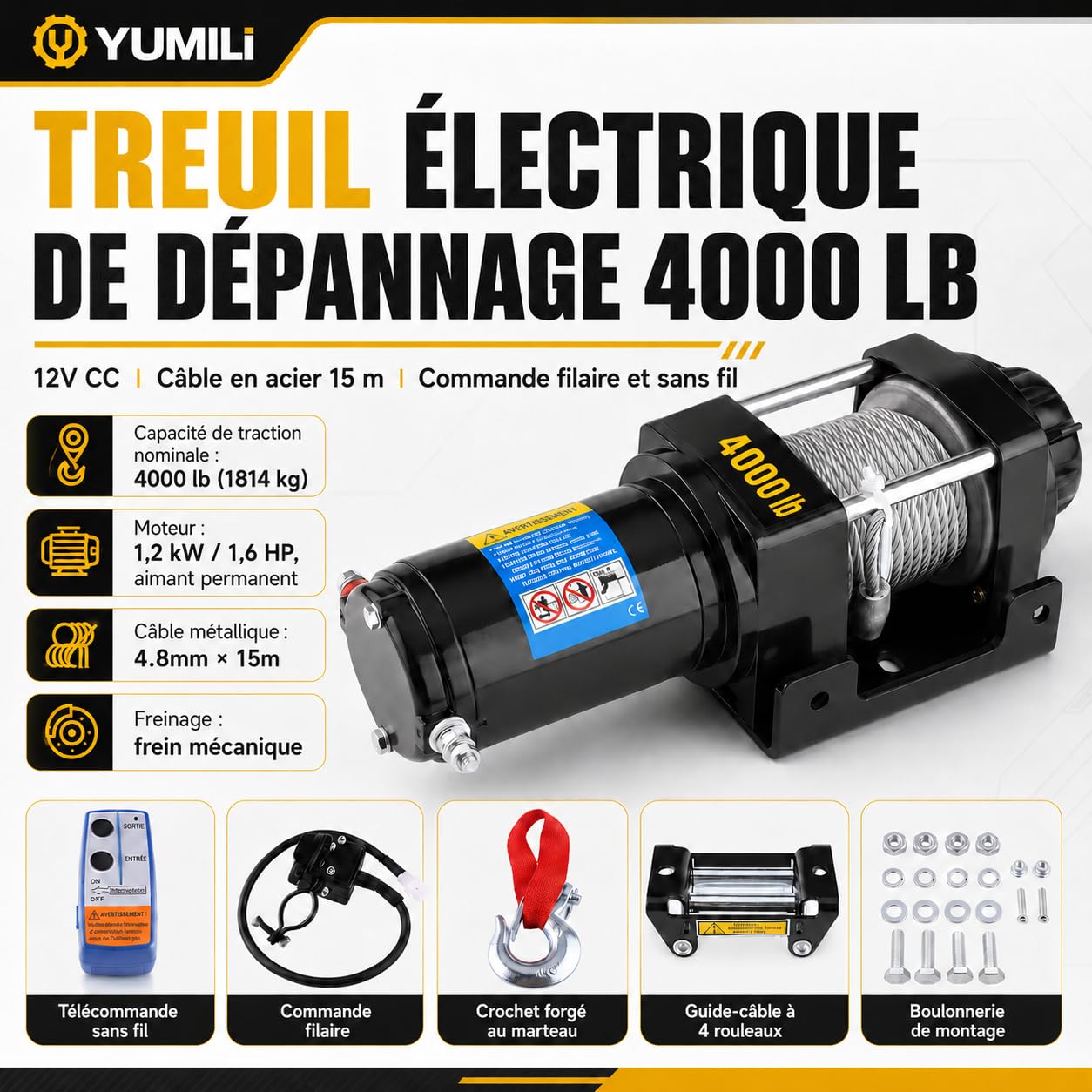 Treuil Électrique 12 V, 4000 lb/1814 kg Kit de Treuil de Récupération Électrique IP67, Câble en Acier 4.8 mm*15 m avec Télécommande sans Fil, pour UTV/ATV, Remorques de Bateaux, Dépannage Tout-Terrain