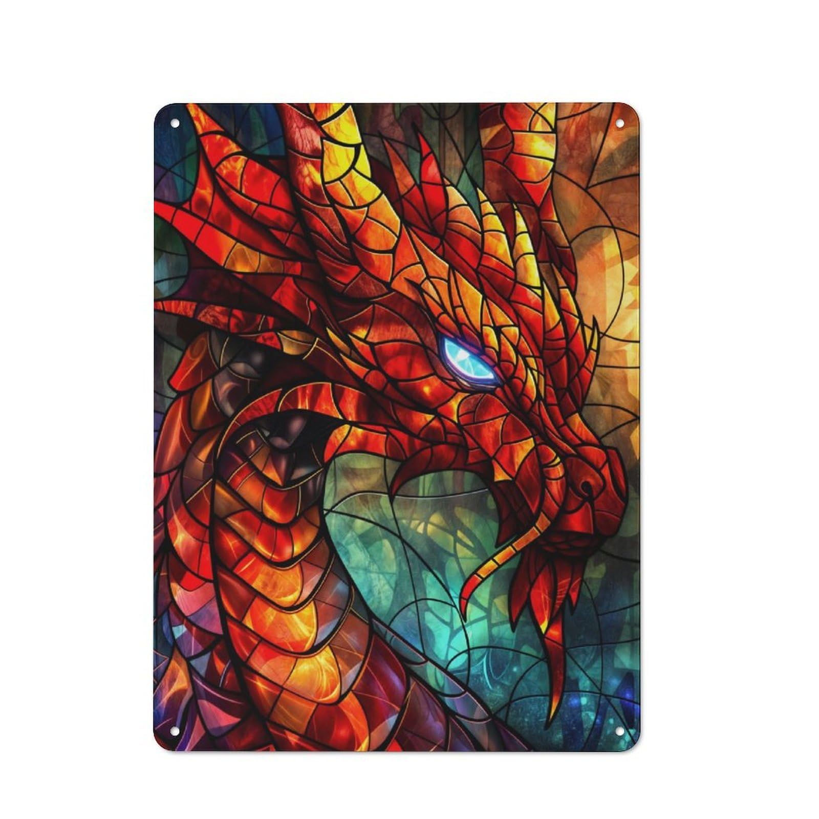 Junmoney Dragon Enigmas Gaze Rustic Tin Wall Plaque 40X30cm For Home Office Or Studio, For Garage, Workshop And Man Cave Decoration