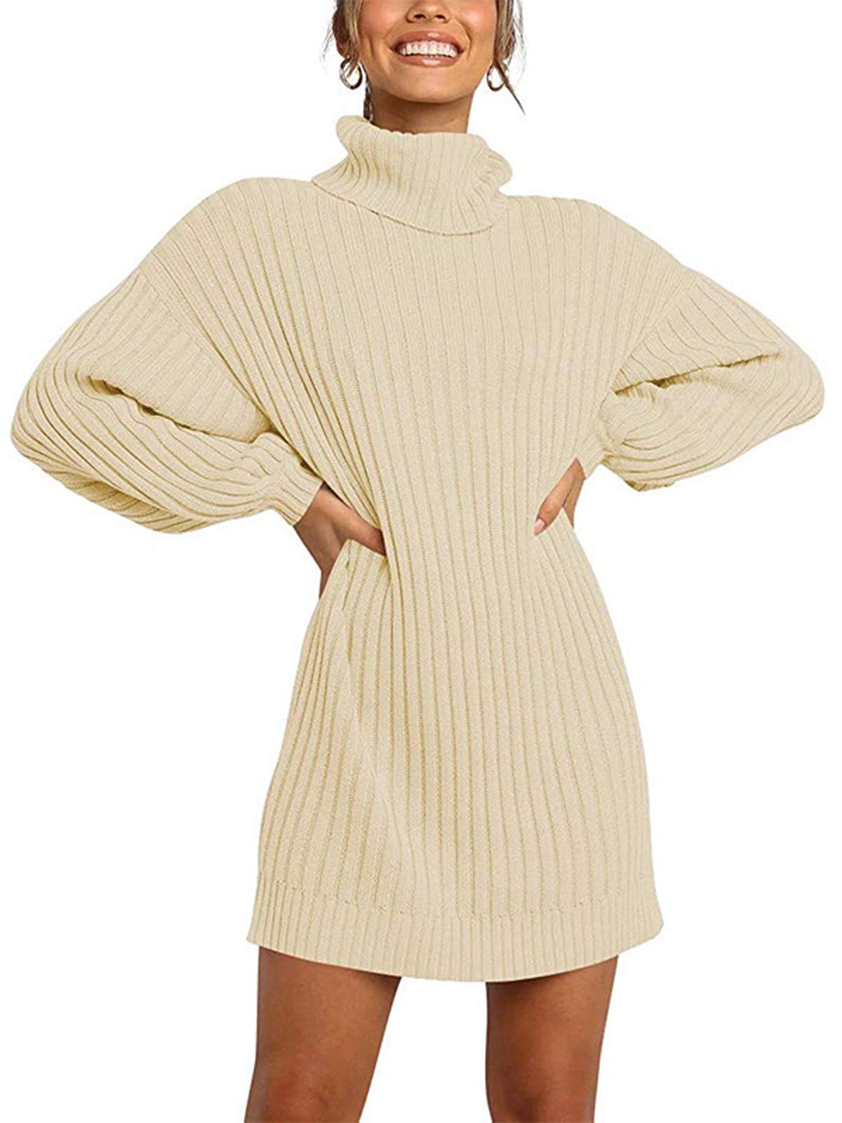 Abito Invernale In Maglia Per Donna Con Collo Alto E Girovita – Modello A Tinta Unita, Maniche A Lanterna – Elegante E Casual - 4