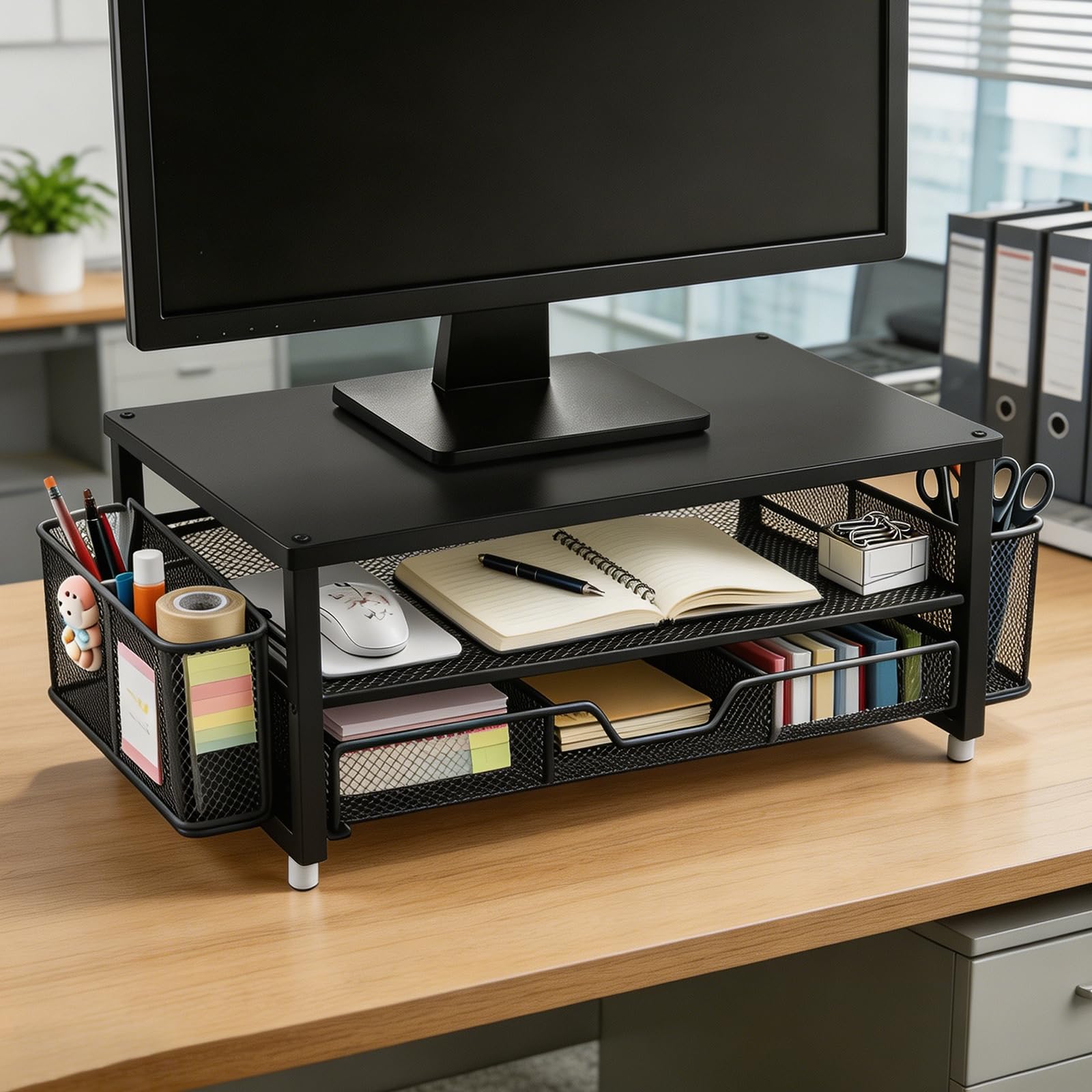 Rialzo per monitor, supporto ergonomico per monitor con cassetto e 2 portapenne, organizer da scrivania per schermo laptop, supporto da scrivania come accessorio da ufficio per postazione di lavoro e