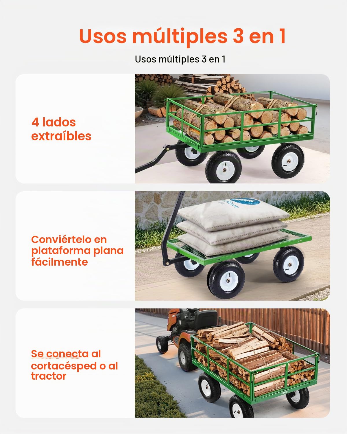 VEVOR 2 en 1 Carrito Resistente de Jardín de Acero de 2125 x 750 x 670 mm con Neumáticos Todoterreno de 13", Laterales de Malla Extraíbles y Manija Giratoria de 180°, Carga de 544,31 kg, Verde