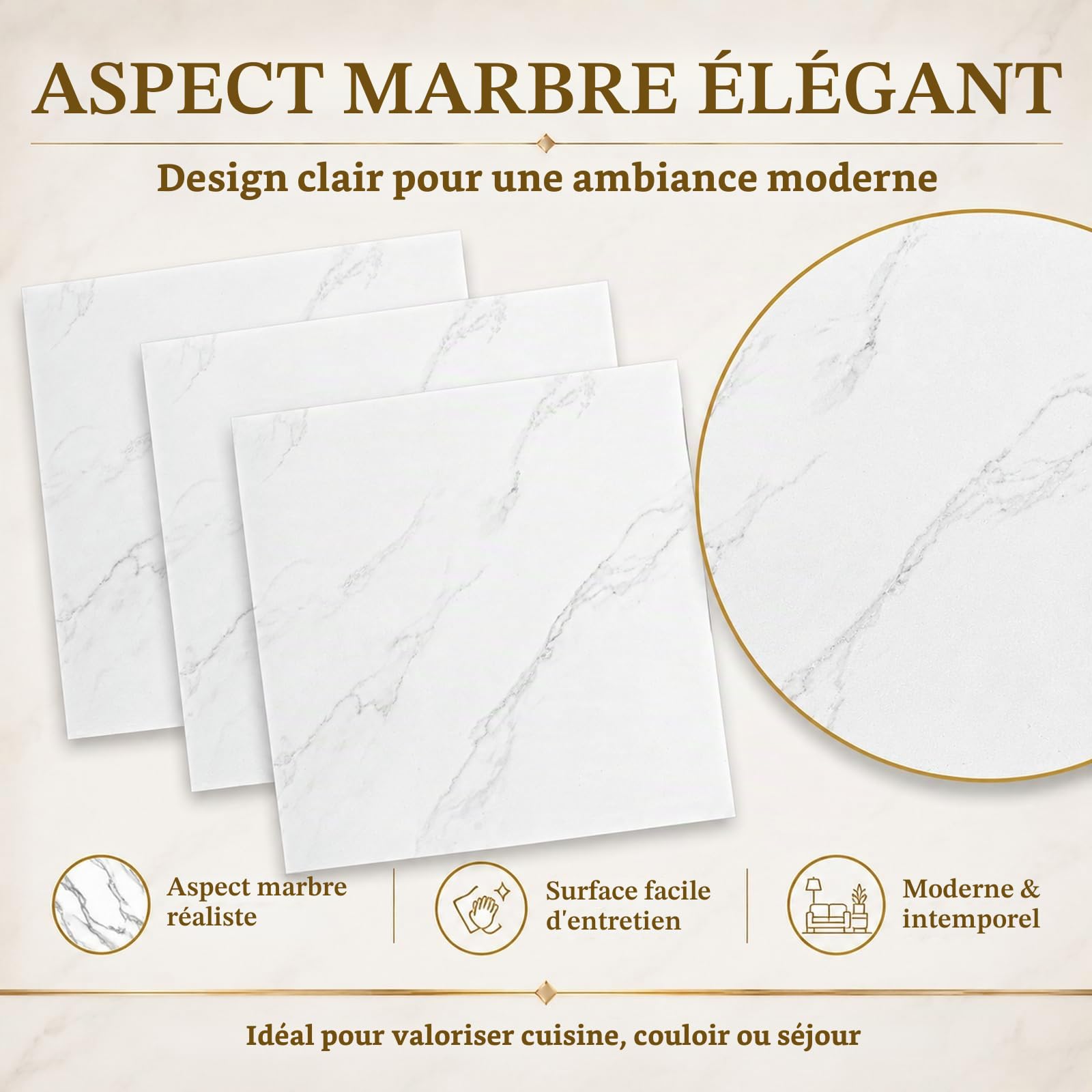 CYEER 40 Dalles PVC Adhésives Sol 30x30cm, Sol Vinyle Autocollant Effet Marbre Blanc, Revêtement de Sol Imperméable et Épais pour Cuisine, Salle de Bain et Salon, Kit de Rénovation DIY 3,6 m²